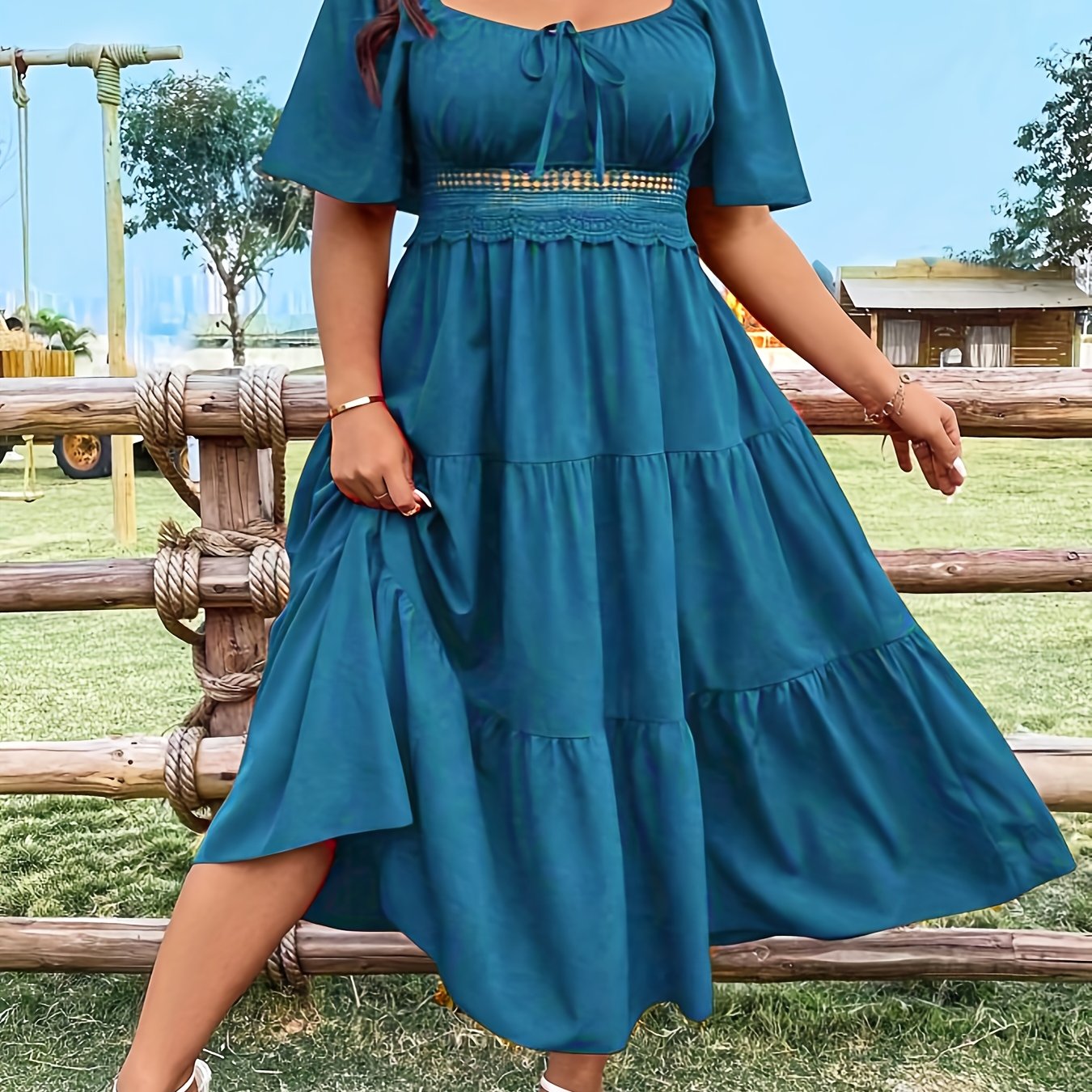Plus Size - Plus Size - Layered Long Dress With Solid Color Lace Stitching