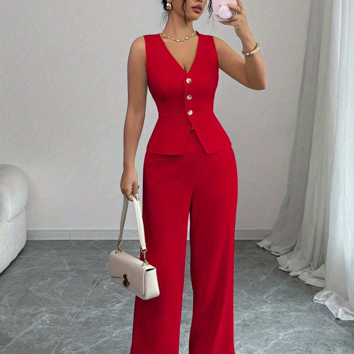 TEMU Autumn Sleeveless Elegant Cardigan Vest And Women's Pants Set, Summer
