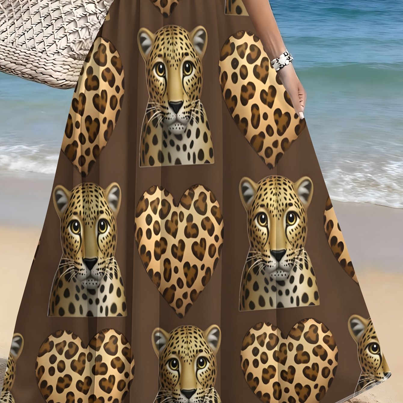 TEMU Summer Women's Leopard Print And Leopard Head Alternating Pattern High-waist Flared Long Skirt, Casual Half Skirt
