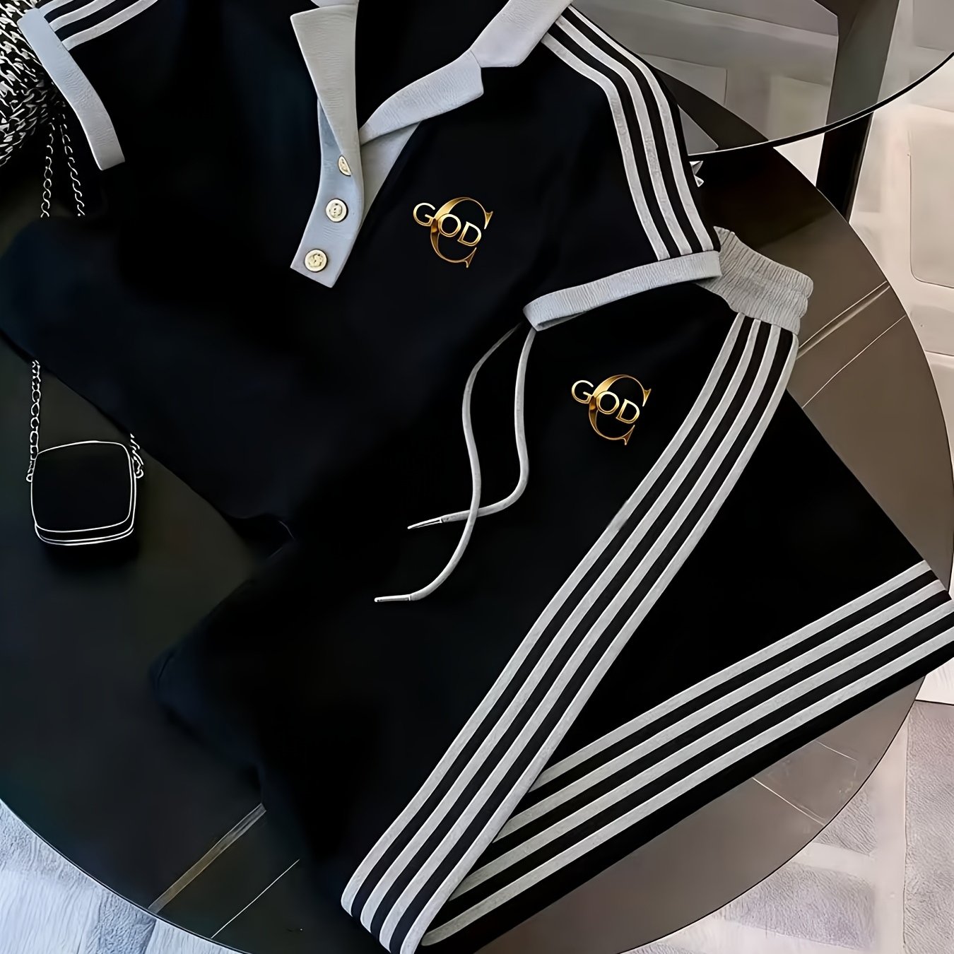 Image of 2pcs Set For Men Featuring A Short-sleeve With Stripes And Matching Pants- In Colors, Made From Soft, Breathable Material With A , Making It An Gift For A Boyfriend, Husband, Or Father