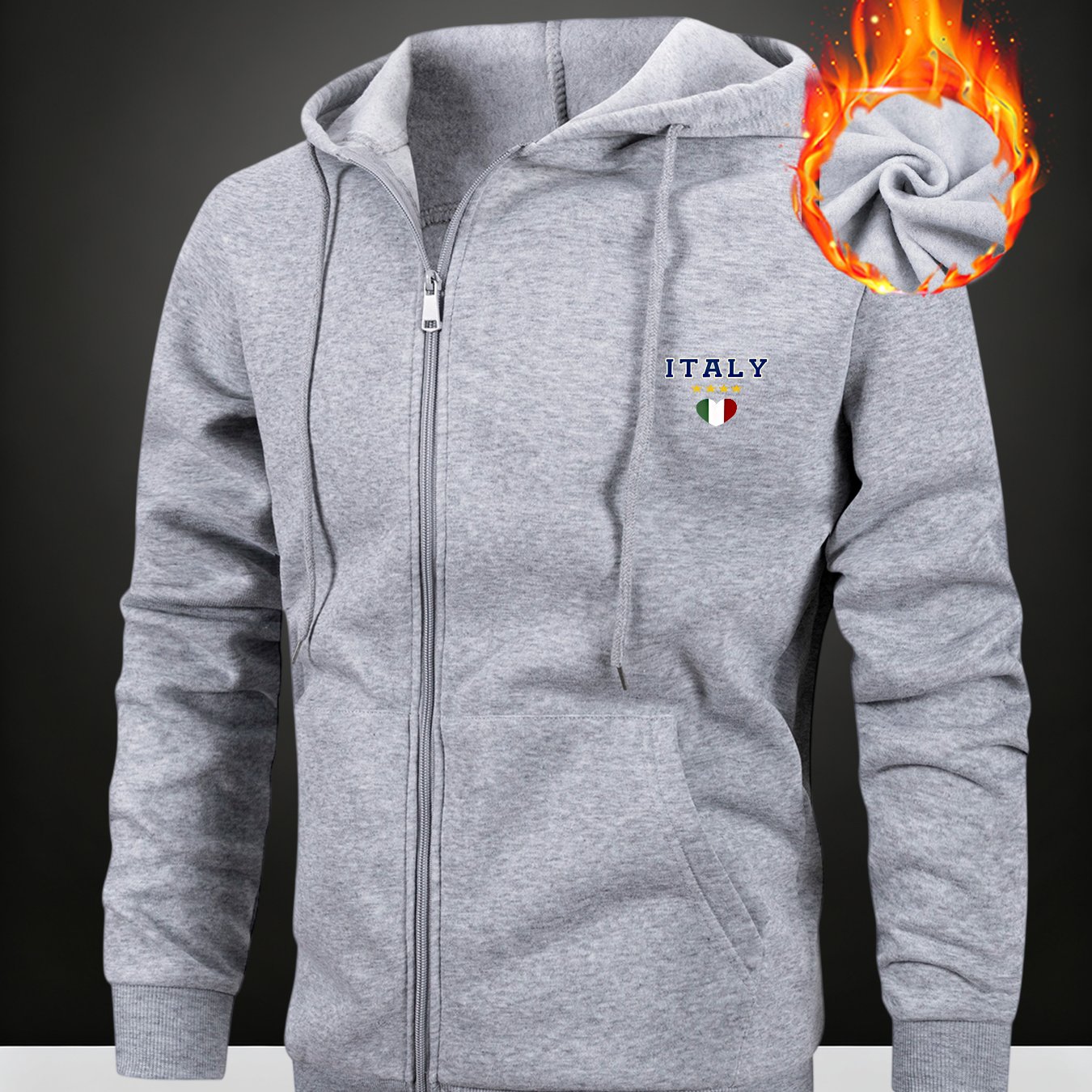 TEMU Men's Italy Letter Print Versatile Jacket, Fashion Full-zip Front Pocket Hoodie With Drawstring Design, Casual Sport Hooded Sweatshirt, -lined