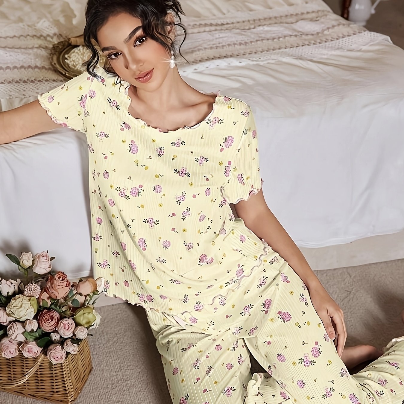 TEMU Women's Floral Print Round Neck Short Sleeve Top And Full Print Pants Pajama Set, 2pcs Elegant Cute Sleepwear