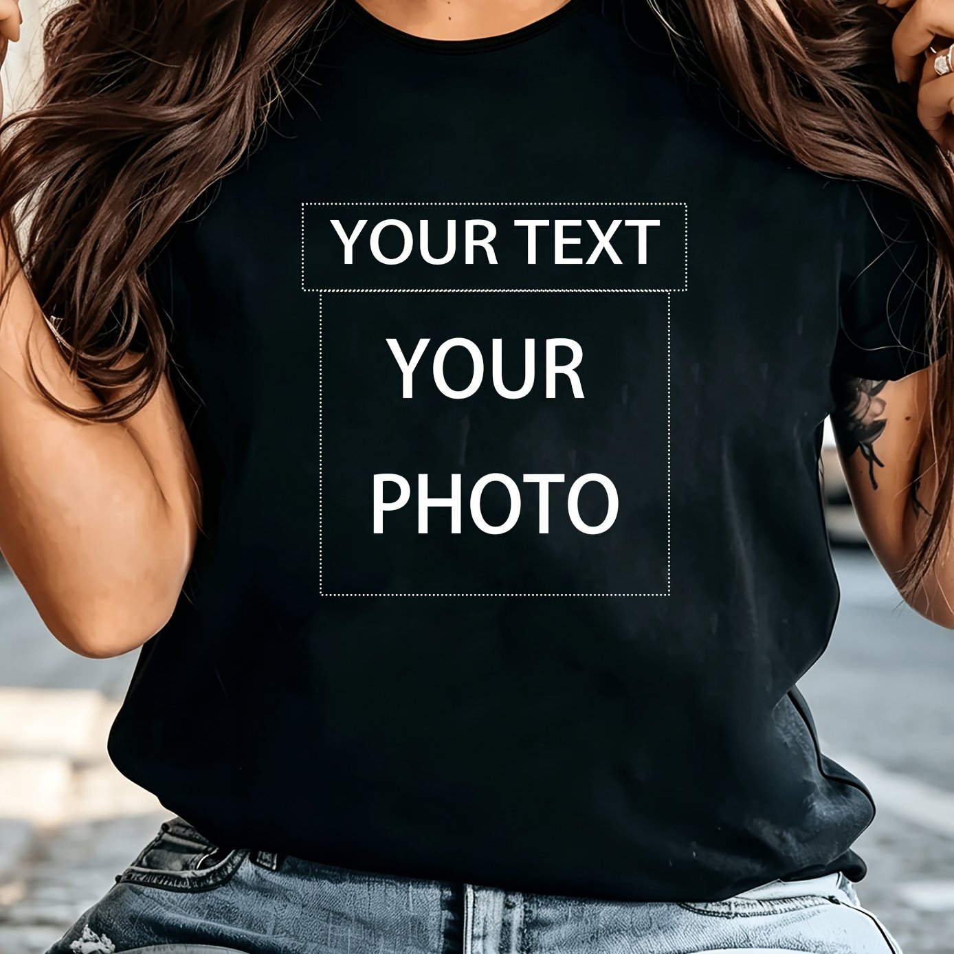TEMU Plus Size - Plus Size - Personalized Loose-fitting Crew Neck T-shirt Featuring Customizable Images And Text. A Printed T-shirt That You