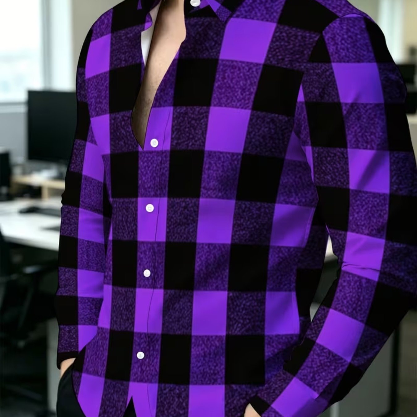 TEMU Men's Vintage Purple Black Long Sleeve Shirt Business Casual Commute Loose Breathable Collar Top Wrinkle-resistant