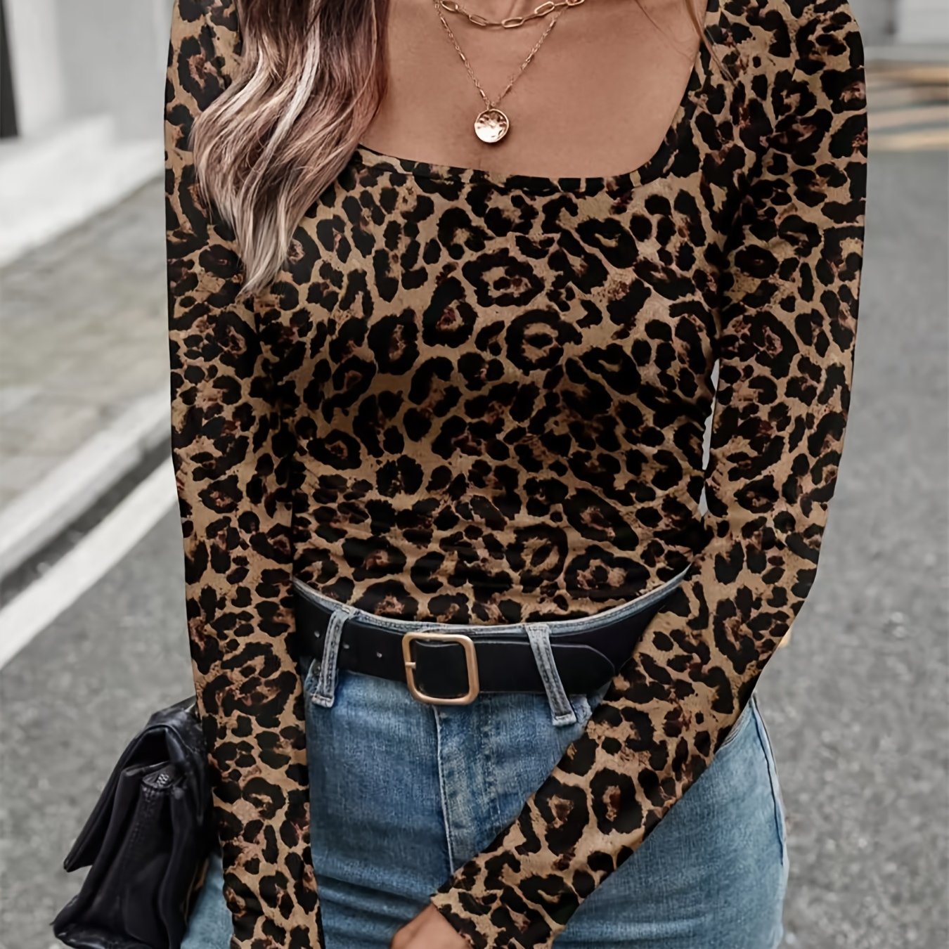 TEMU Elegant Exquisite Women's Leopard Neck Long Sleeve Base Layer Top Fashion Sexy Piece For Daily Date Party Outfit High-end