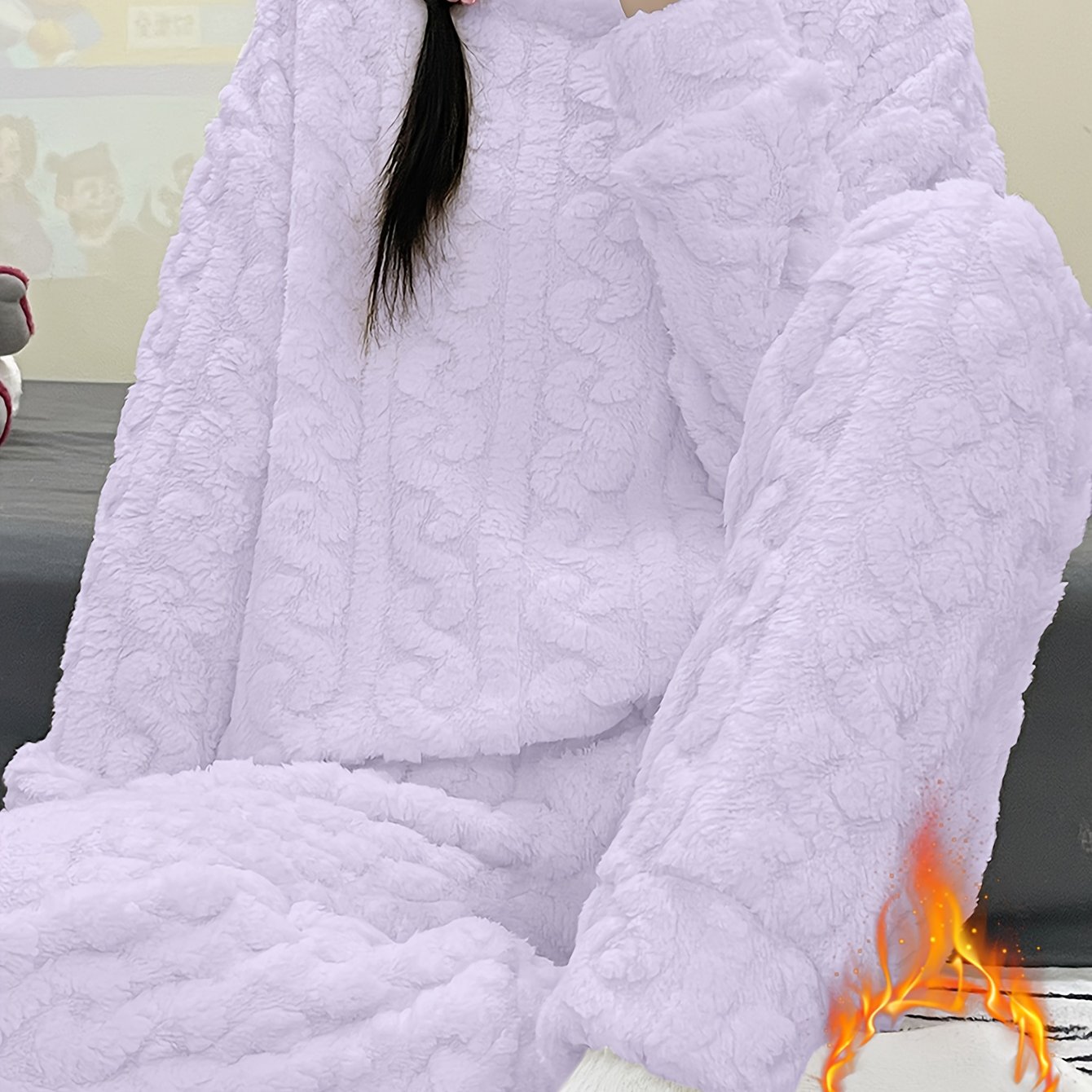 TEMU Completo pigiama in pile invernale da donna - una maglietta a maniche lunghe e pantaloni abbinati, realizzato in abbigliamento da casa, per