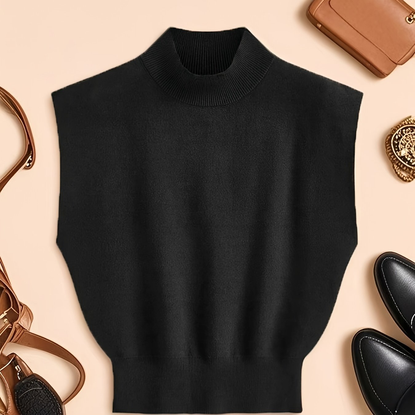 Image of Solid Color Small High Neck Vest Top, Women's Fashion Pullover, Women's Cardigan, Fabric Top For Autumn And Spring, Elegant For Commuting, Daily Wear, And Casual Stretchy Soft Style
