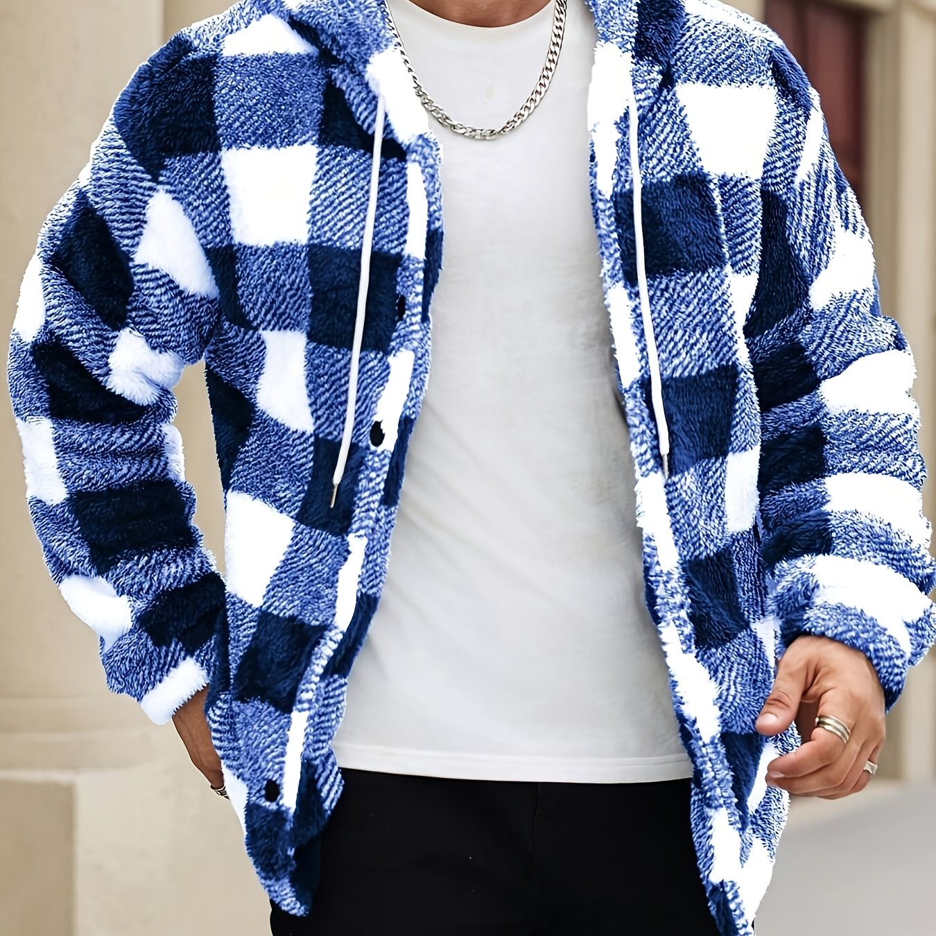 Image of Men's Plus Size Print Warm Lining Hooded Long-sleeved Casual Short Top, Autumn And Winter Outing Flannel Short Top, Suitable As A Gift For , Husbands, And