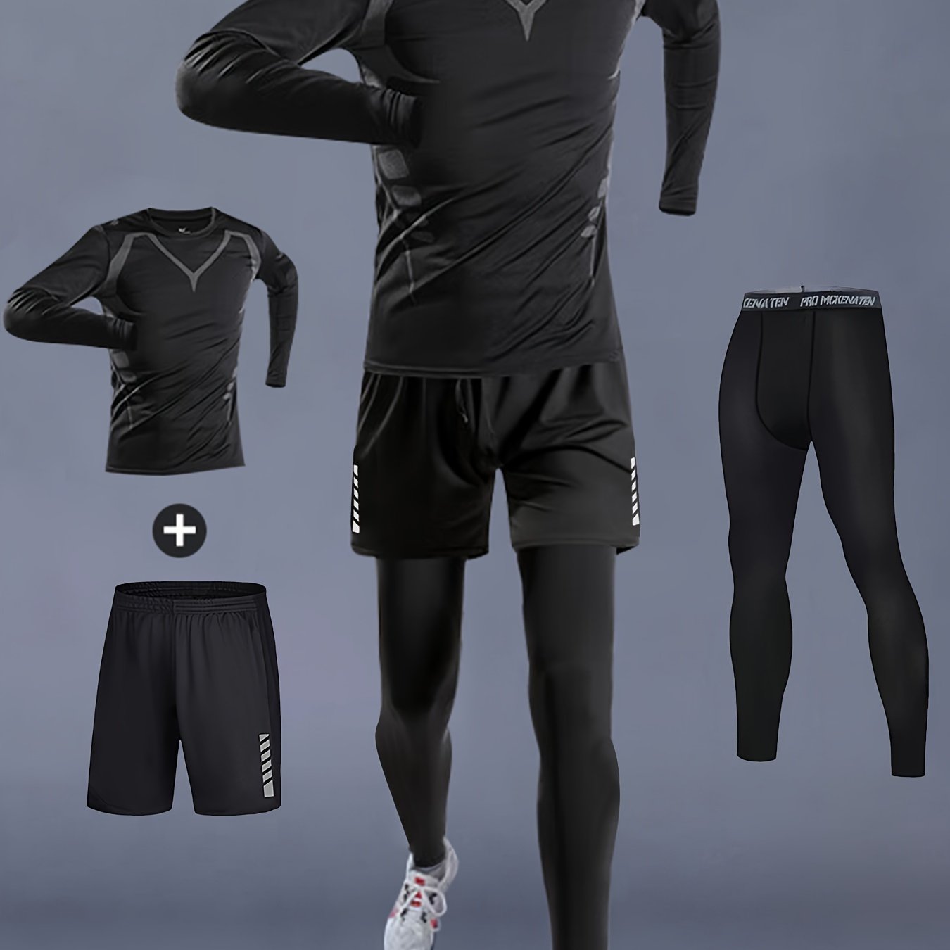 TEMU 3pcs Combination Men's Quick- Suit-long Sleeve, Round Neck T-shirt, Comfortable Pattern Shorts And Compression Tights, Suitable For Basketball,
