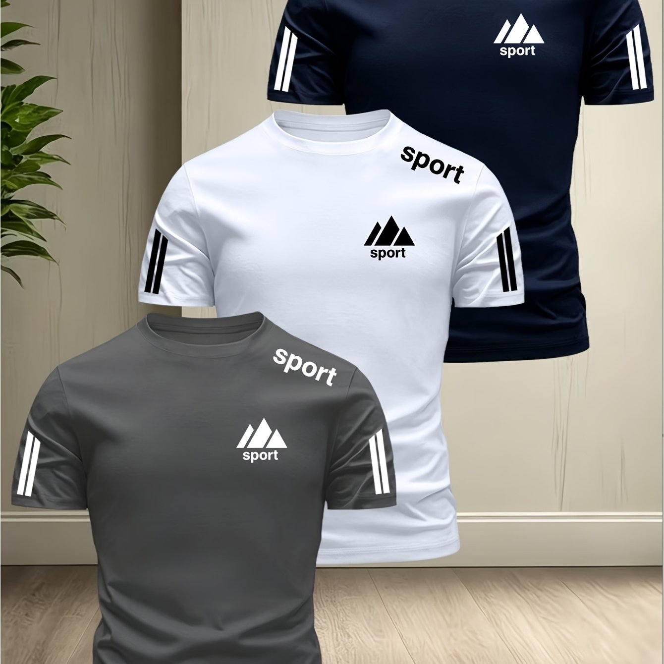 TEMU Men' Mountain Athletic Style Short Sleeve 3pcs Set, Summer Lightweight Breathable Crew Neck T-shirt, Fitness And Casual Top