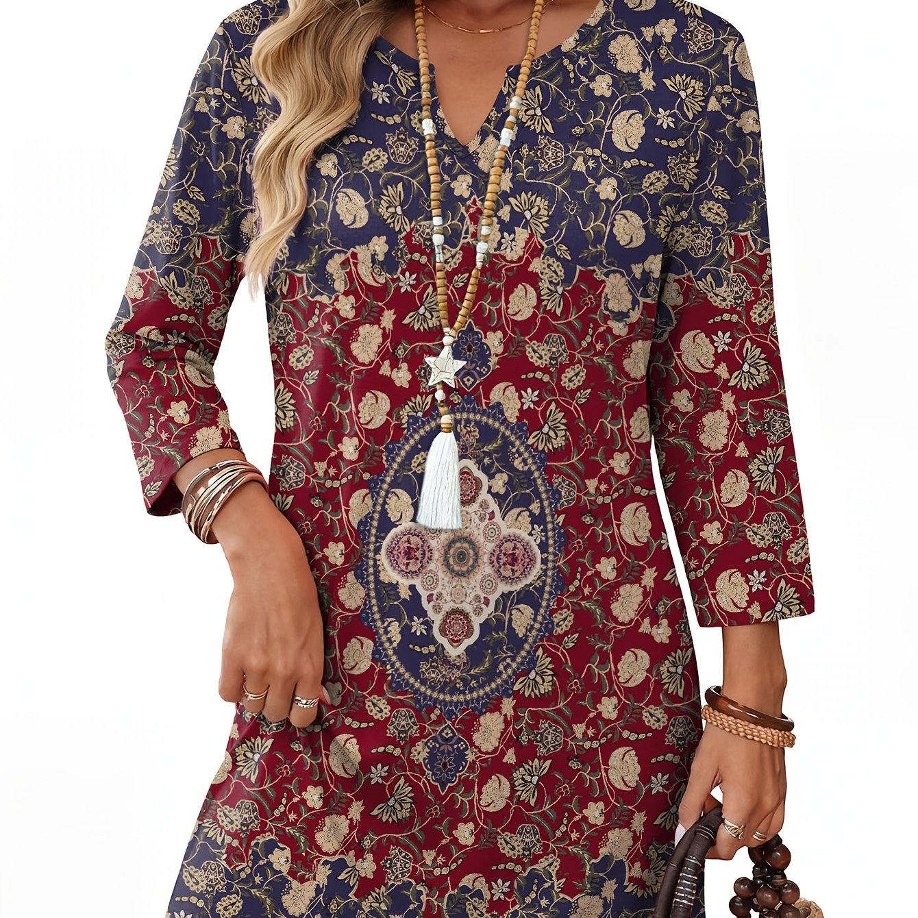 TEMU Women's V-neck 3/4 Sleeve Blouse T-shirt - Loose Fit Longline Top With Full-body Print Suitable For Casual, Office & Vacation Wear, Machine