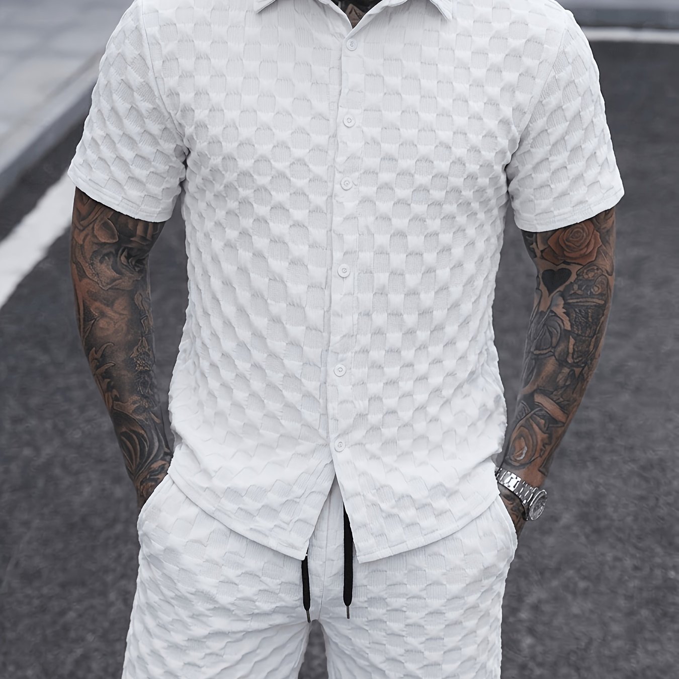 TEMU Villa Le Shui Obm Summer Men's Checkered Lapel Short Sleeve Shirt And Drawstring Shorts 2pcs Set, Casual Sportswear Suitable For Daily Work