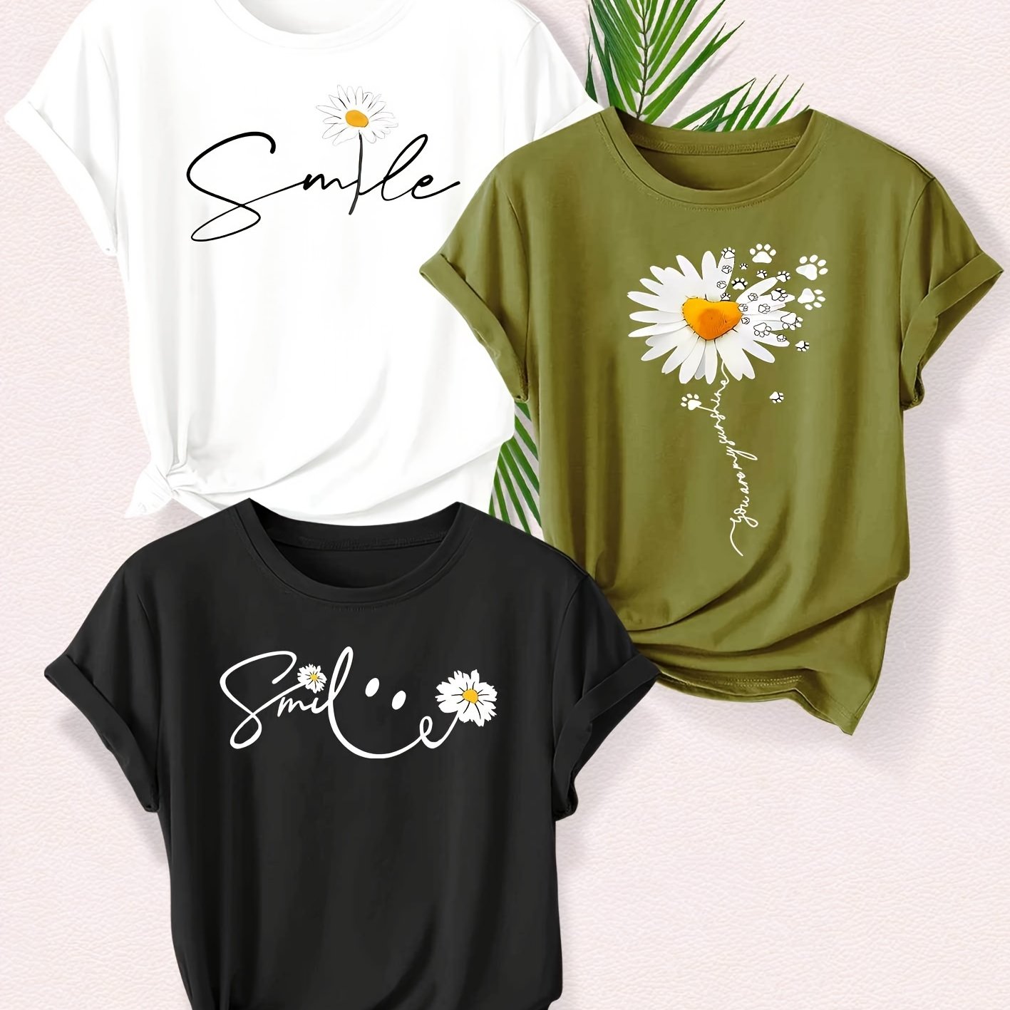 TEMU Smiling Letter Small Flower Series 3pcs Mixed Pack, , Sisters Pack, Printed Fashion Vintage Style Women's Summer Casual Sporty Style Round Neck