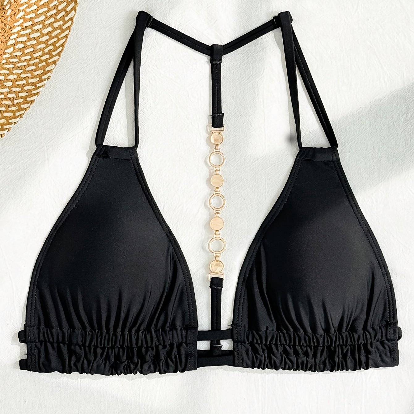 Ladies' Summer Top With A Sexy Triangular Design, Featuring A Double Drawstring Back And Stylish Metallic Chain, Perfect For Vibrant And Versatile Vacation Parties