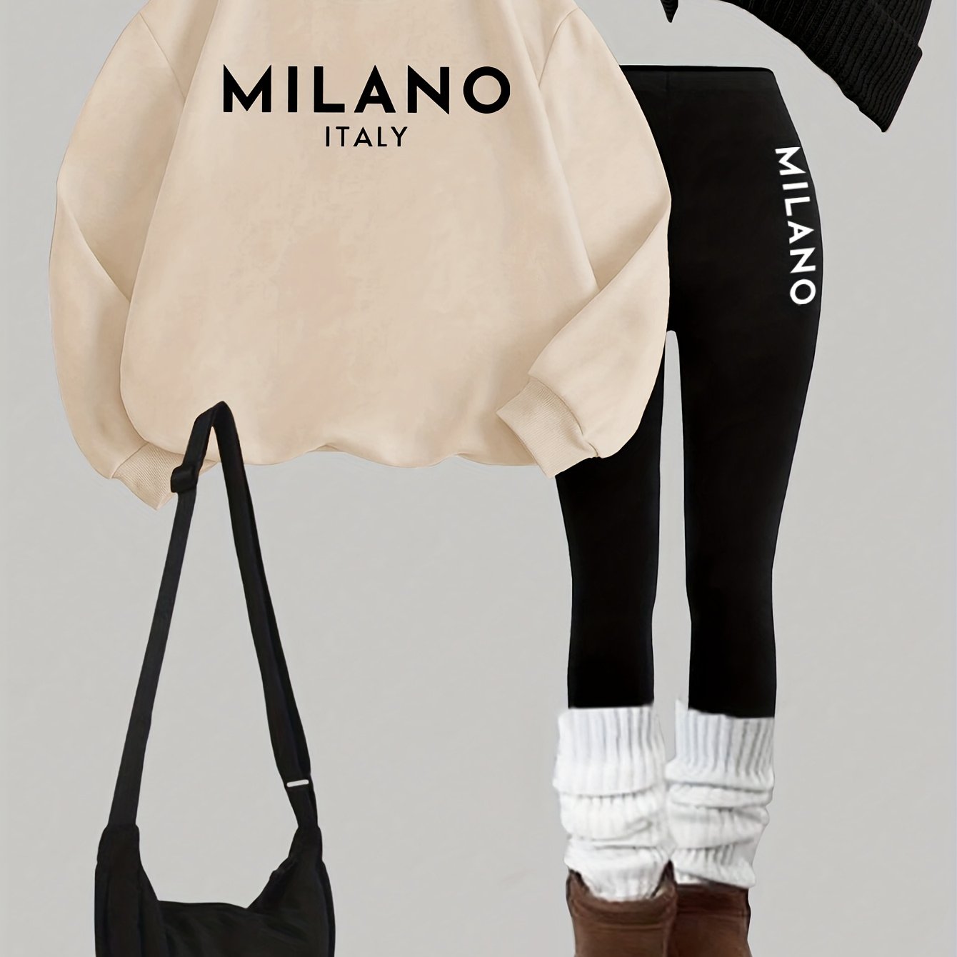 TEMU 0926Gwen, 1 Ensemble Décontracté pour Femme, Comprenant un Sweat-shirt et un Legging, Imprimé de Lettres, Col Rond, Manches Longues, Legging