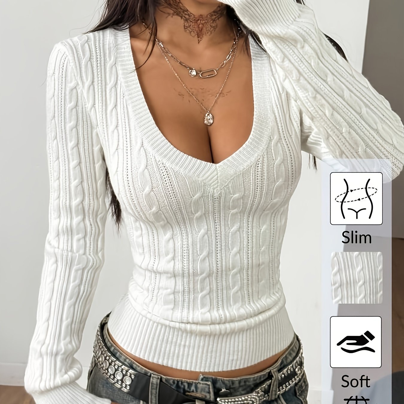 Women's Spring/summer Elegant Casual Ribbed V-neck Long-sleeved Slim Top