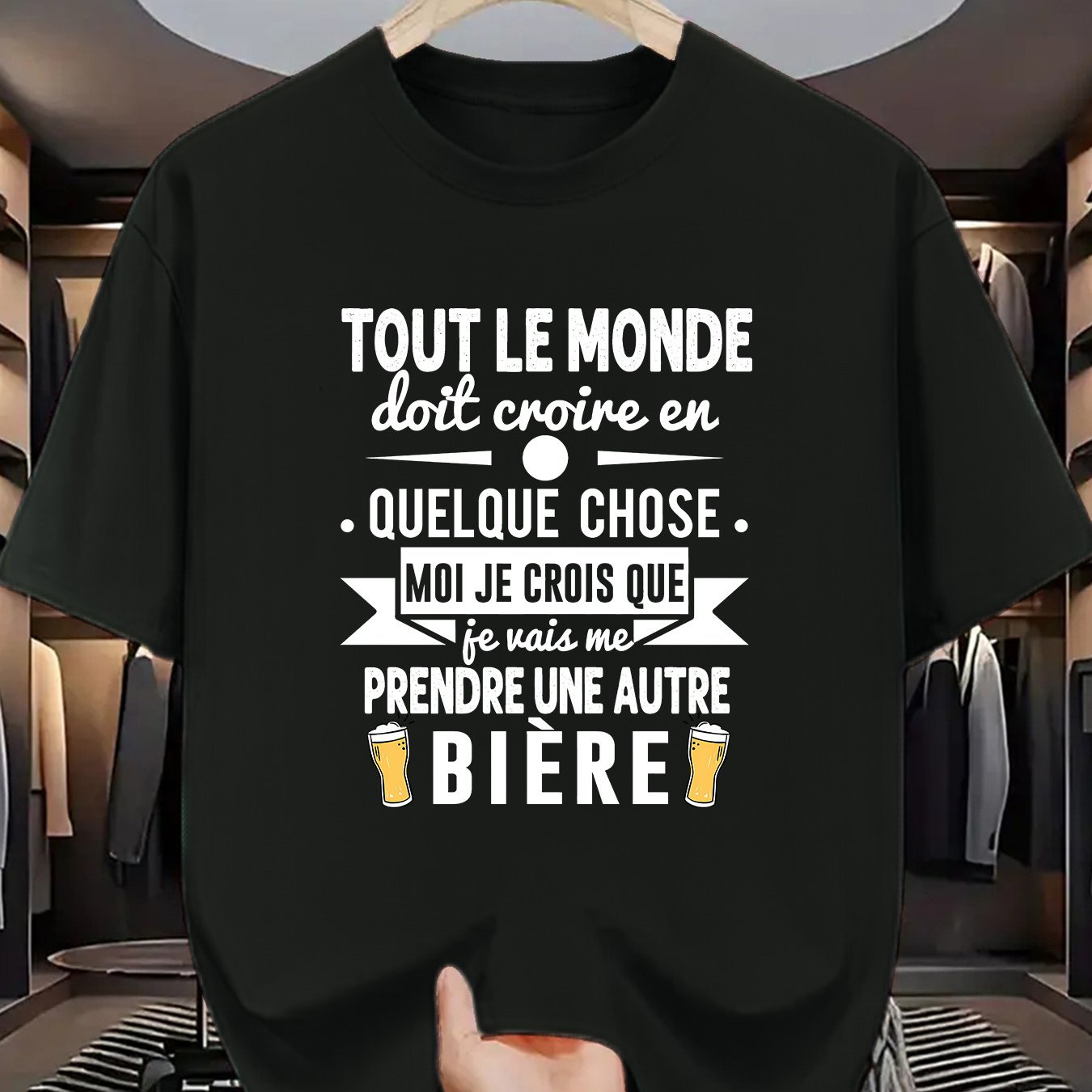 TEMU Men's French Humor & Beer Graphic T-shirt - "everyone Must Believe In... Beer" Beer Short Sleeve Casual Fashion Tee