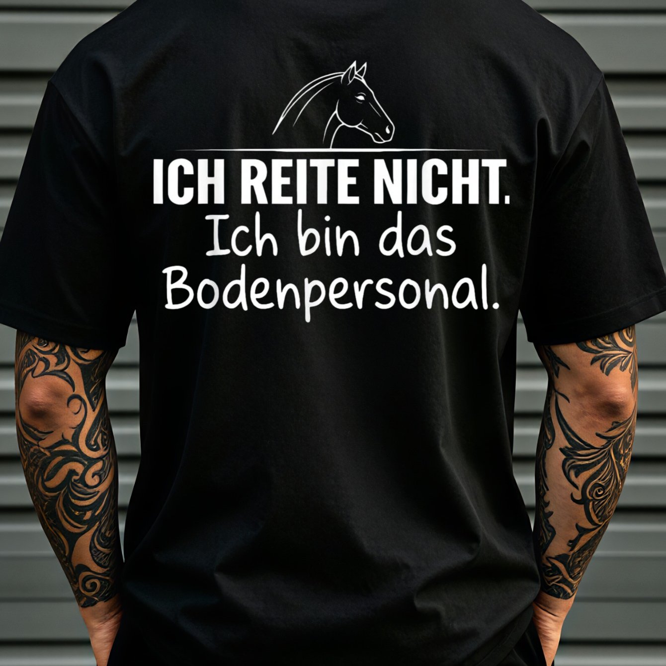 Image of Men's T-shirt "', I'm Staff" German- Horse Humor T-shirt Dynamic Composition Retro Texture State Style Back Print Unisex