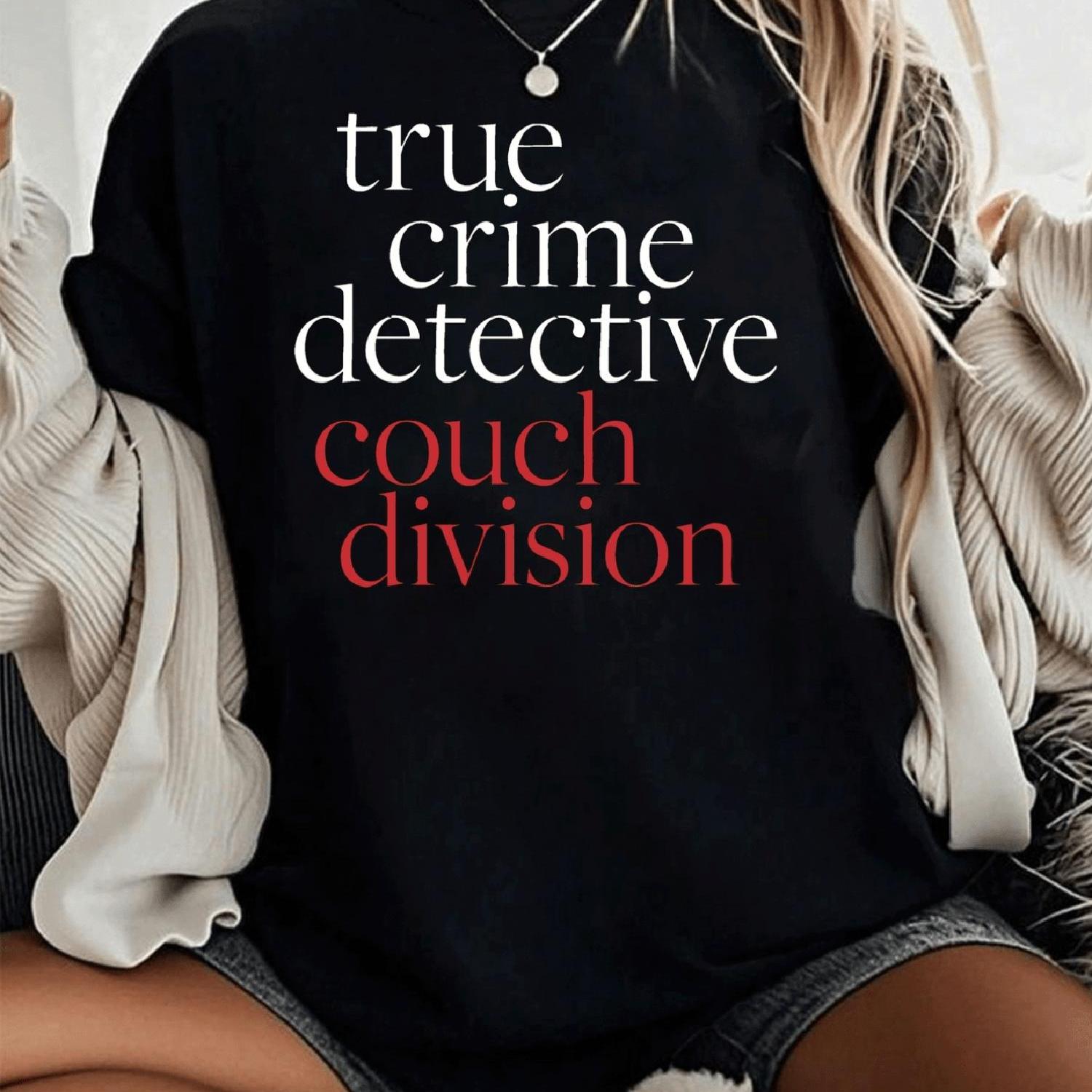 Women's Detective & Couch Division Graphic T-shirt - Soft Crew Neck Tee With White & Red , Loose Fit Casual Short Sleeve Top Suitable For - Wear, Machine Washable Non- Style