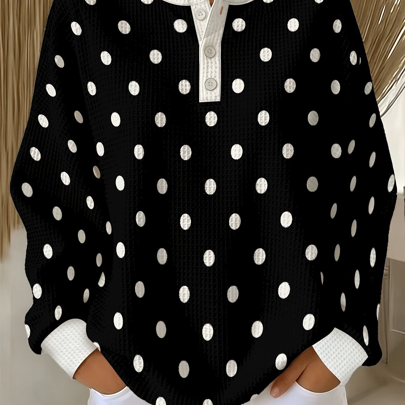 TEMU Plus Size Waffle Checkered Sweatshirt, Background White Polka Dot Print, Classic Fashion 3-button Round Neck Long Sleeve Sweatshirt