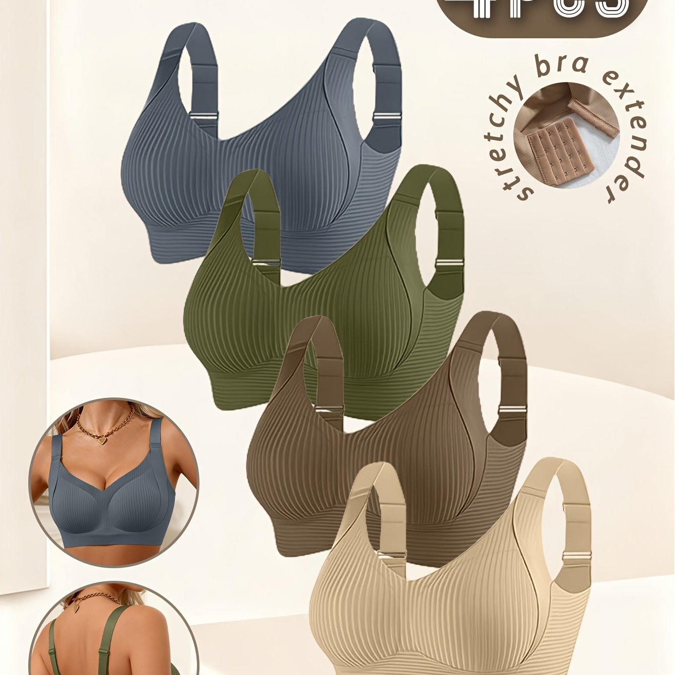Women's 4pc Wire-Free Bralette Set, Full-Coverage Push-Up