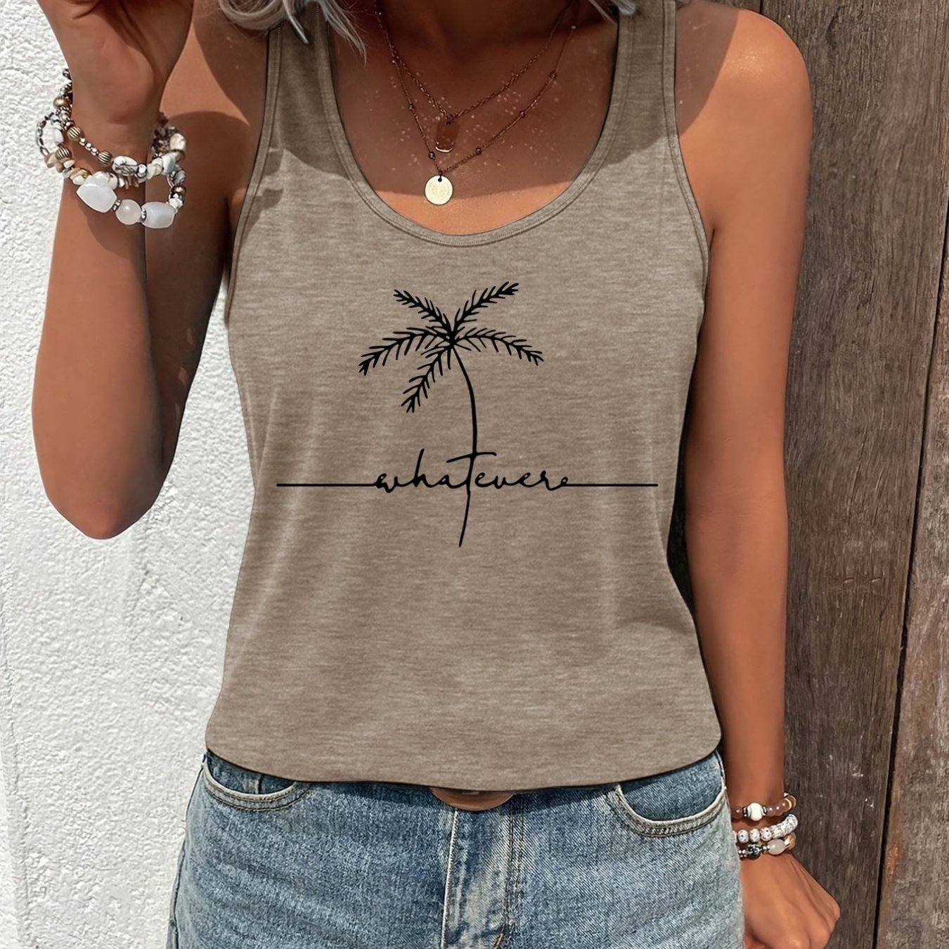 TEMU Women's Palm Tree & Lettering Print Sleeveless Crew Neck Tank Top - Non- Blouse Style Suitable For Summer, Beachwear, Casual Outfits, Machine