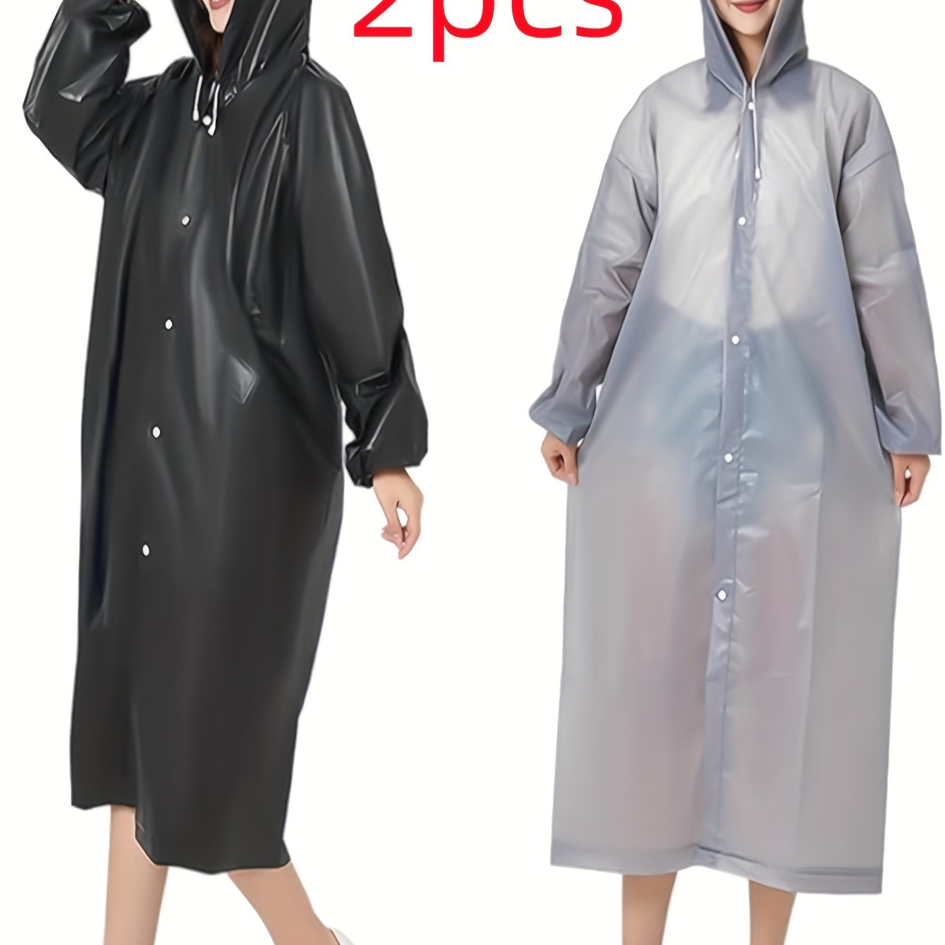 Image of 2pcs Black & Gray Adult Raincoat Set, Travel & Outdoor Cycling Hooded High Quality Bodysuit With Drawstring, Portable Hiking Rainwear For Adults, Eva Thickened Full Body Coverall
