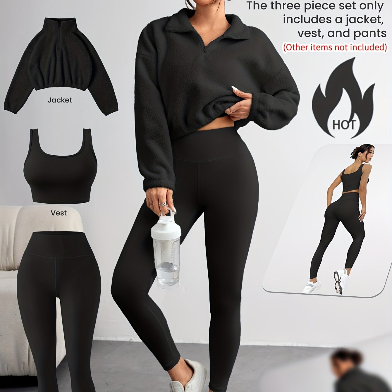 TEMU New Solid Color Stretch Pants Bra Half-zip Sweatshirt Yoga Outfit Set Autumn Winter Three-piece Set No Accessories
