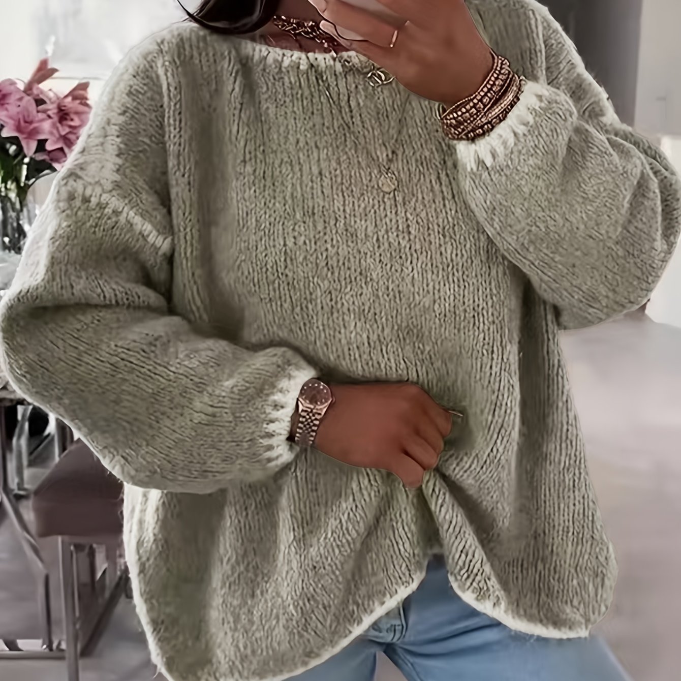 Tie-dye Patterned Pullover Sweater With A Round Neck, Loose And Casual, Versatile Women's Top With Contrasting Edges