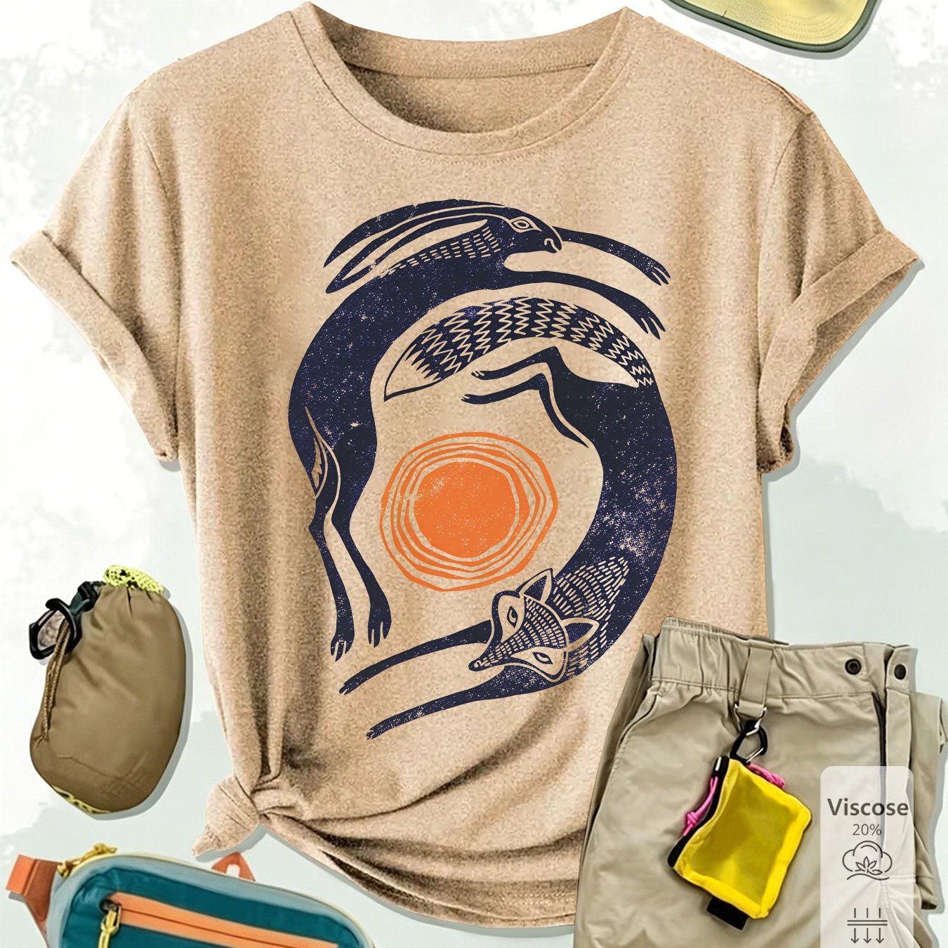 TEMU [new Women's Clothing] Women's Summer Outfit Fox Rabbit Print Round Neck Short Sleeve T-shirt Retro Individual Style Versatile Casual Wear