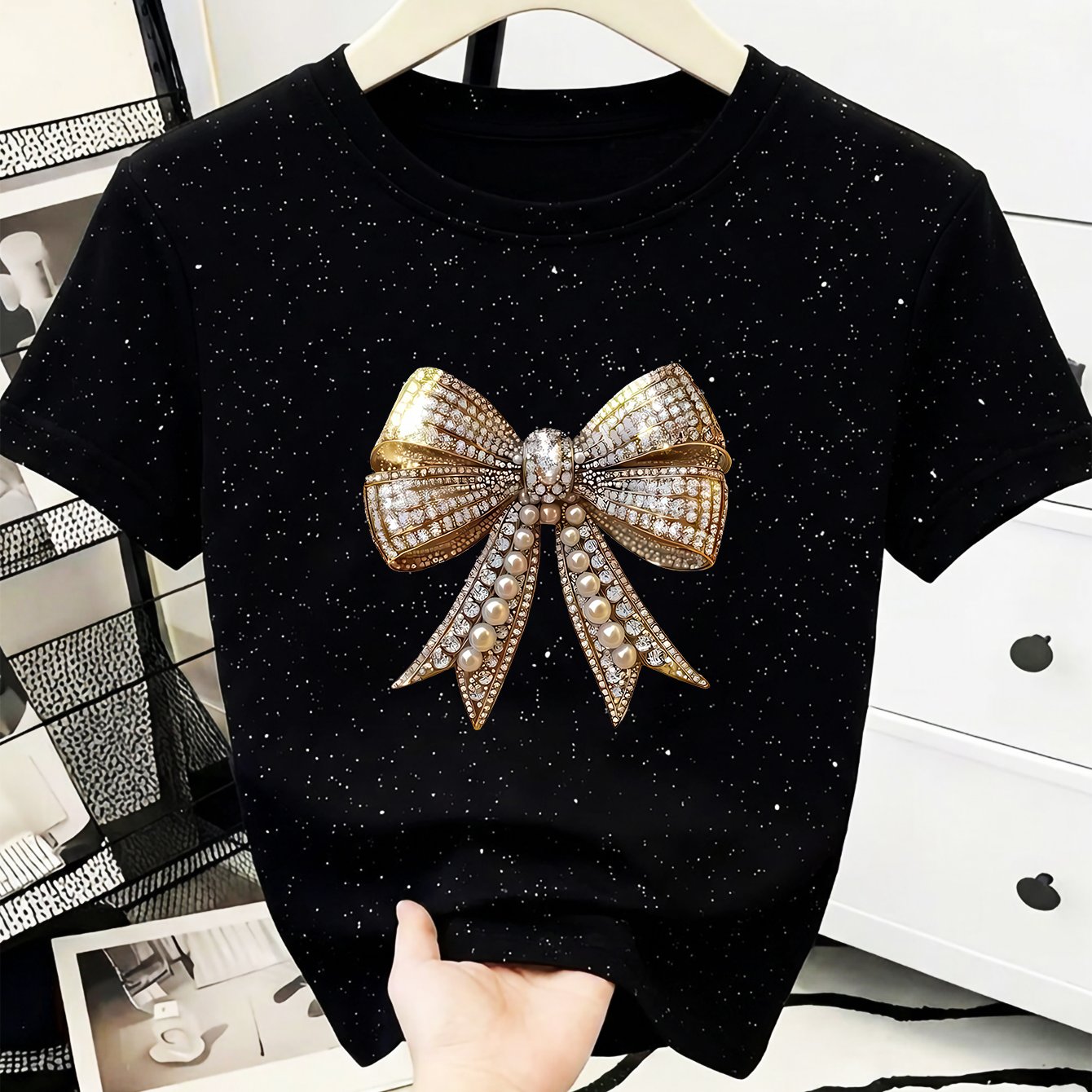TEMU Printed Design - Non-textured Sy00008 - Elegant Bow Print Short Sleeve T-shirt For Women, Black With Glitter, Fitted Round Neck Top, Beaded ,