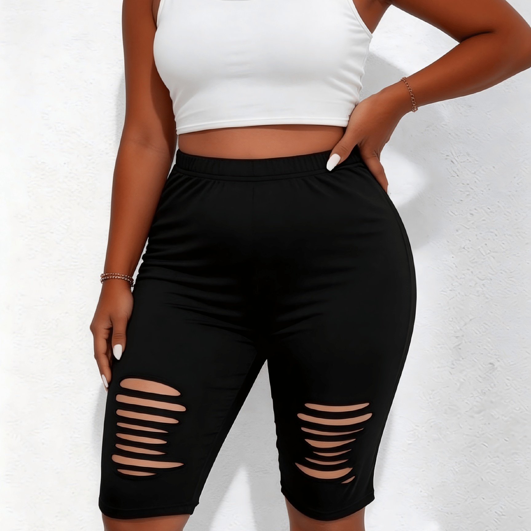 TEMU Plus Size, Plus-size Women's Ripped Elastic-waist Shorts, Comfortable, Trendy, And