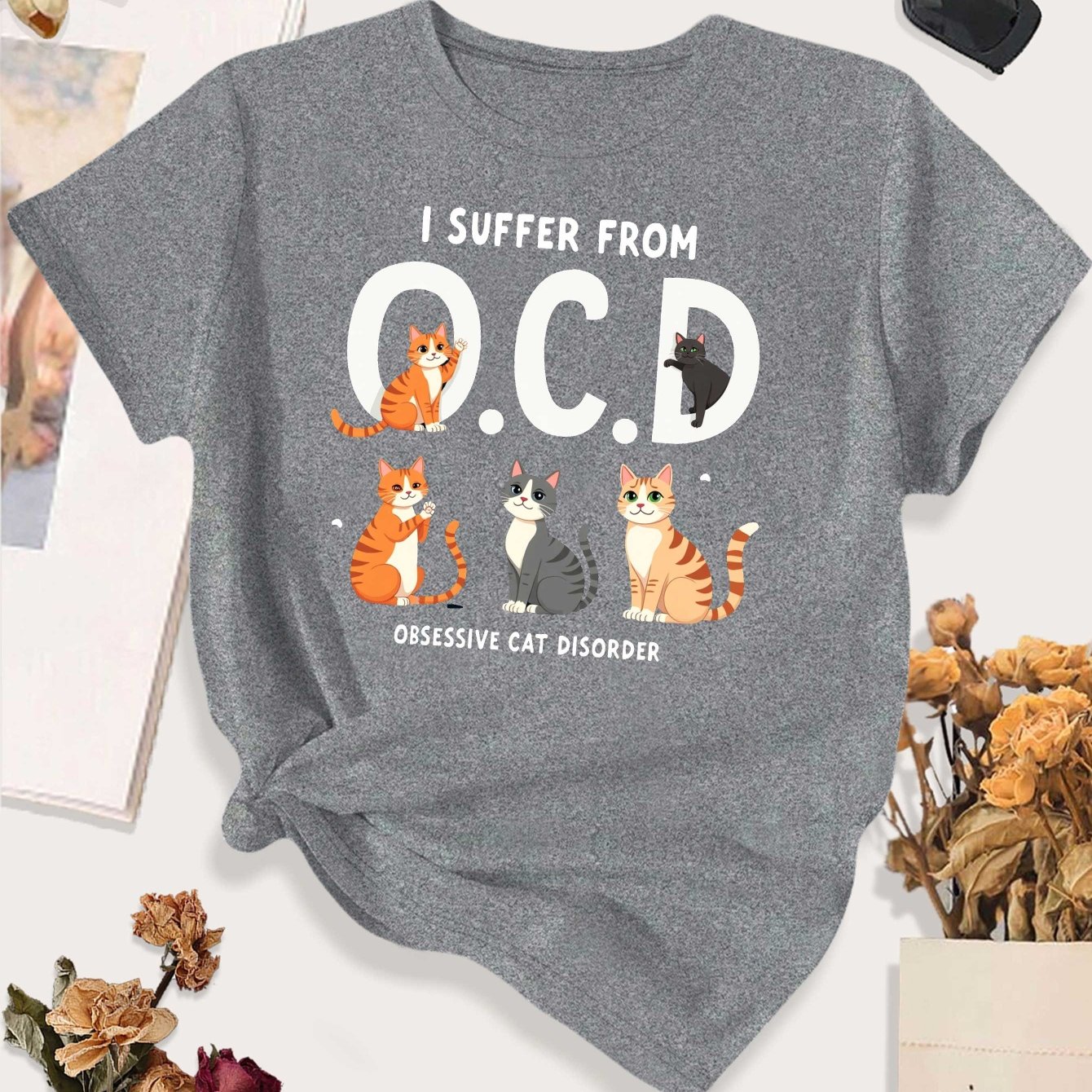 TEMU Women's Ocd Cat Lover T-shirt - Large Size Casual Round Neck Tee With "obsessive Cat " Slogan & Cat Graphics, Fit For Casual Attire Or Themed