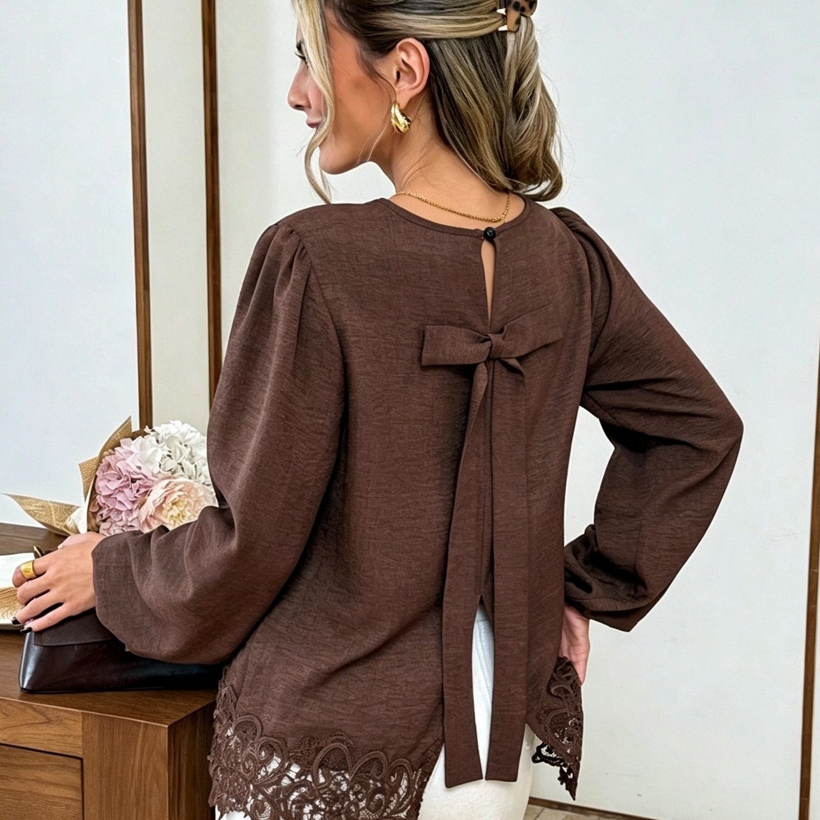 TEMU Nueva Camisa Casual Multifunción para Mujer de Color Sólido Elegante, con Bordado Artístico y Decoración de en la Espalda a , Adecuada para Uso