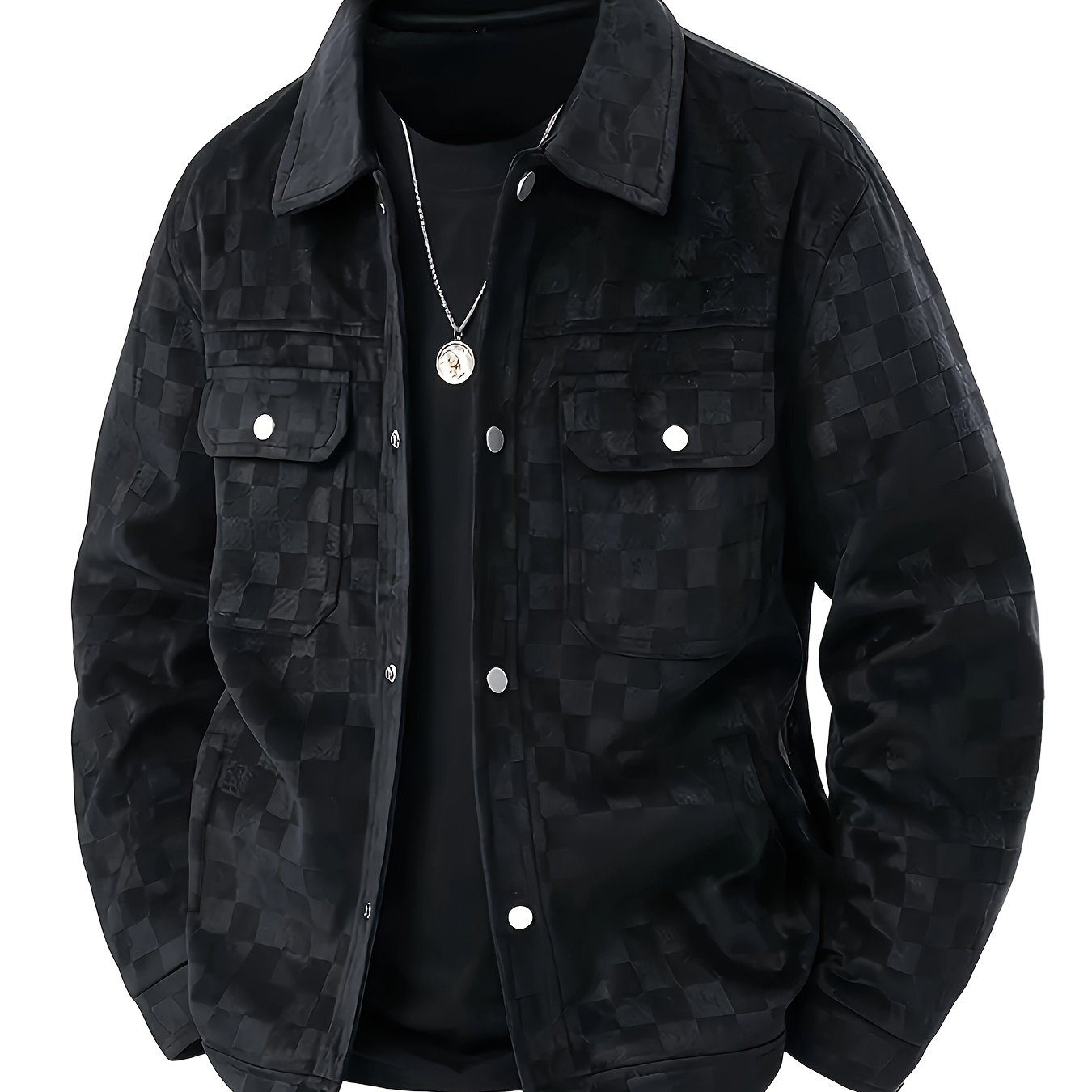 TEMU Shule Shui Men's Heavyweight Fashionable Checkerboard Pattern Snap Button Front Lapel Jacket With Chest Pockets