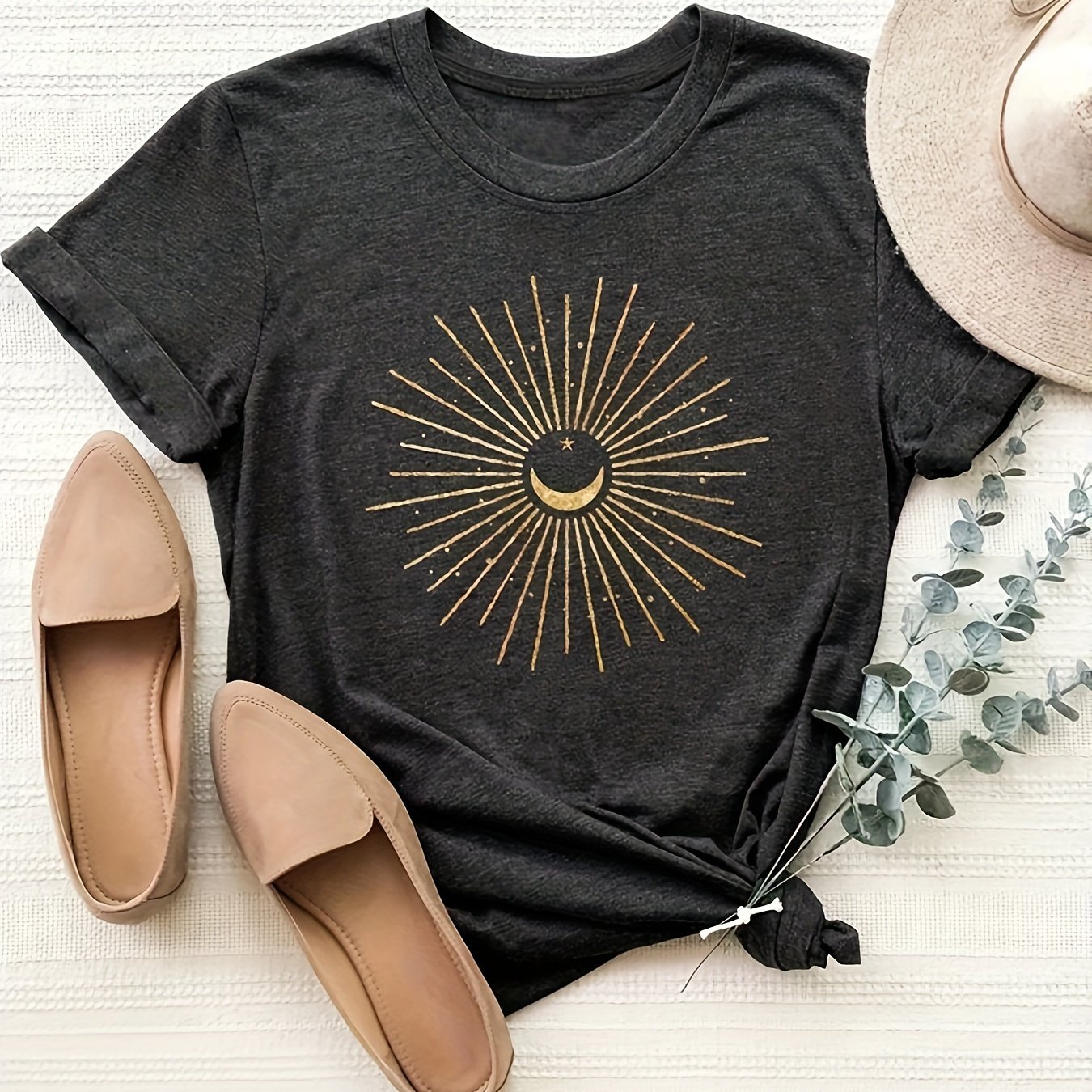 TEMU Shiny Moon Print Crew Neck T-shirt, Vintage Short Sleeve T-shirt For , Women's Clothing