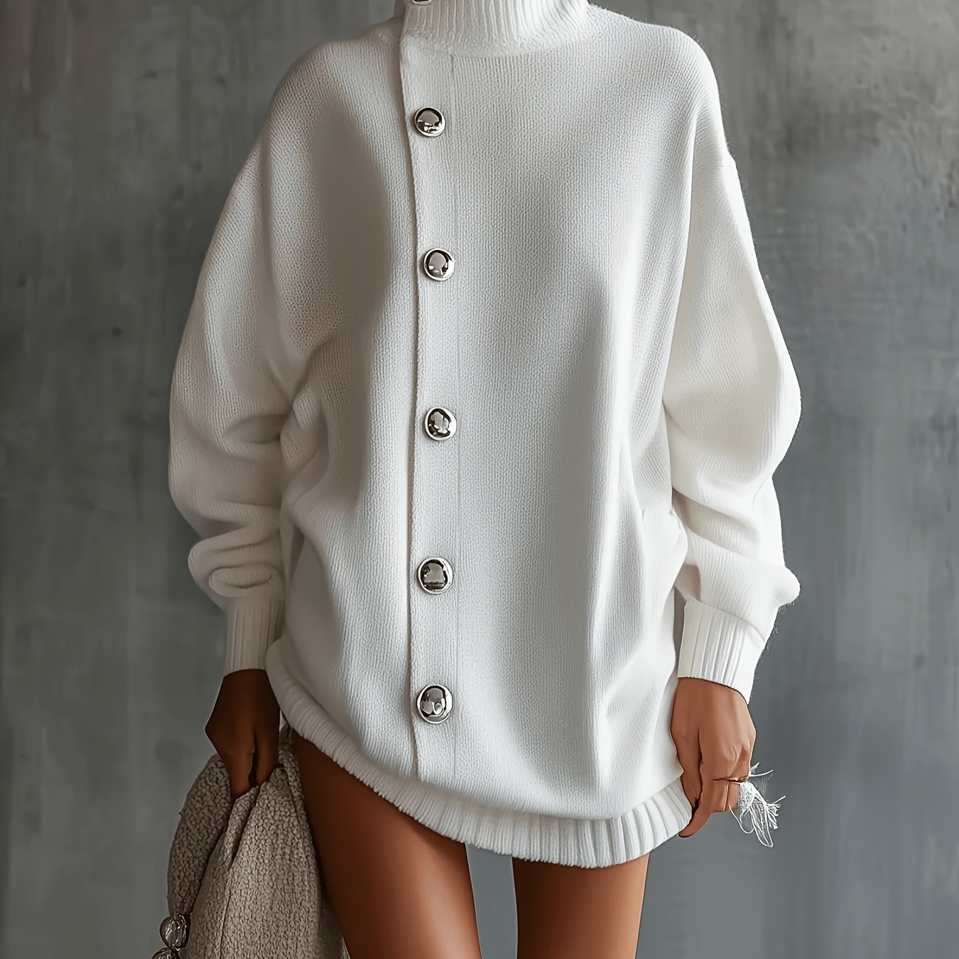 TEMU Haut à col et fer diagonal à grande boutonnière, style automne-hiver 2026, robe mi-longue et à épaules dénudées pour femmes