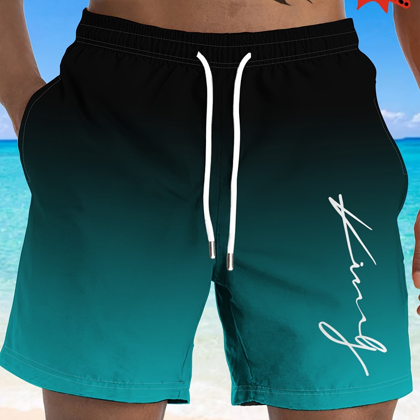 TEMU [print Design - No Texture/embroidery/sequins] Black Top To Lake Blue Gradient Hand-written Signature Print Men's Beach Quick-dry Swim Trunks
