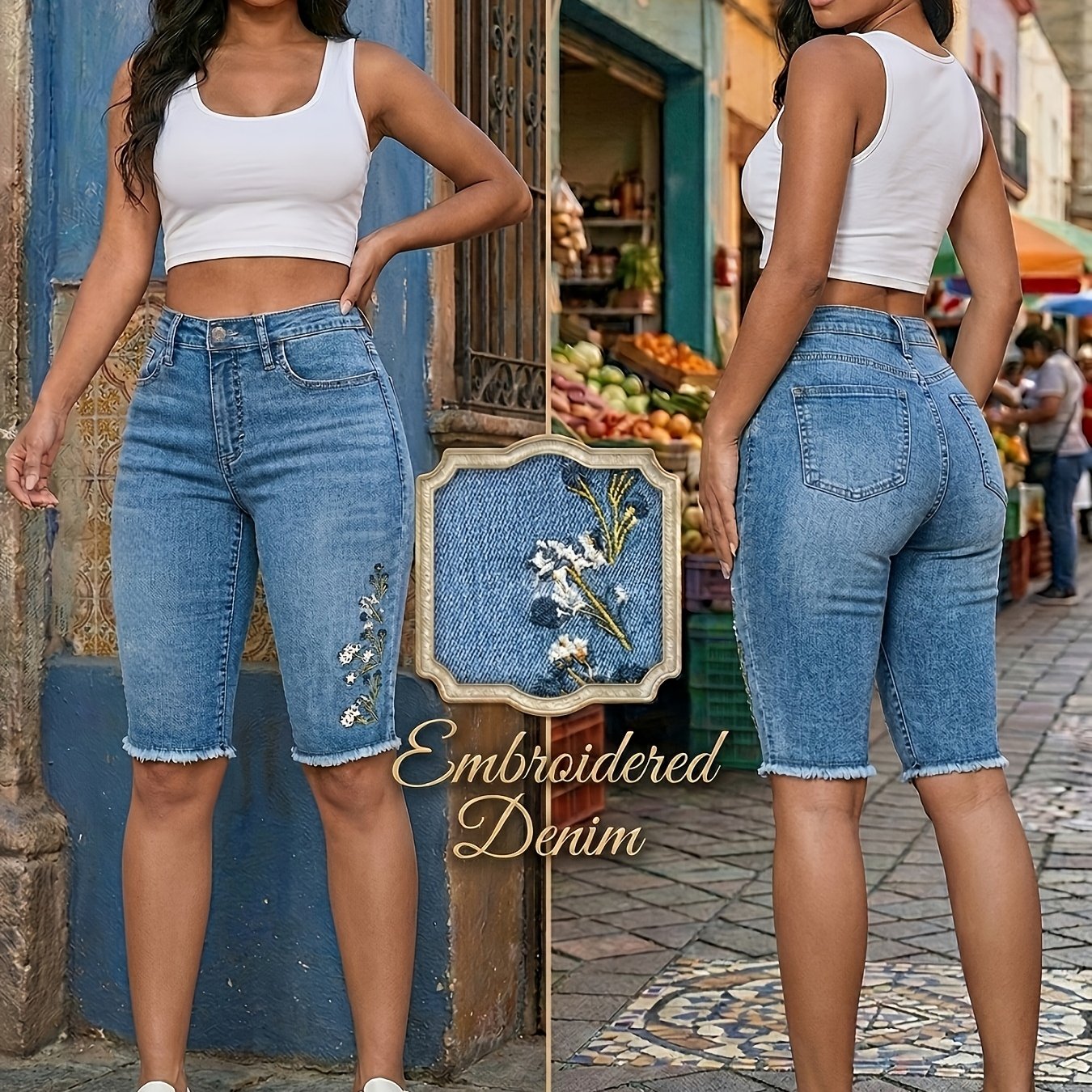 Image of Women's High-waisted Bermuda Shorts With Floral Embroidery & Frayed Hem - Stretch Denim, Button Closure, Light Blue, Spring/summer Casual Wear, Jean Shorts