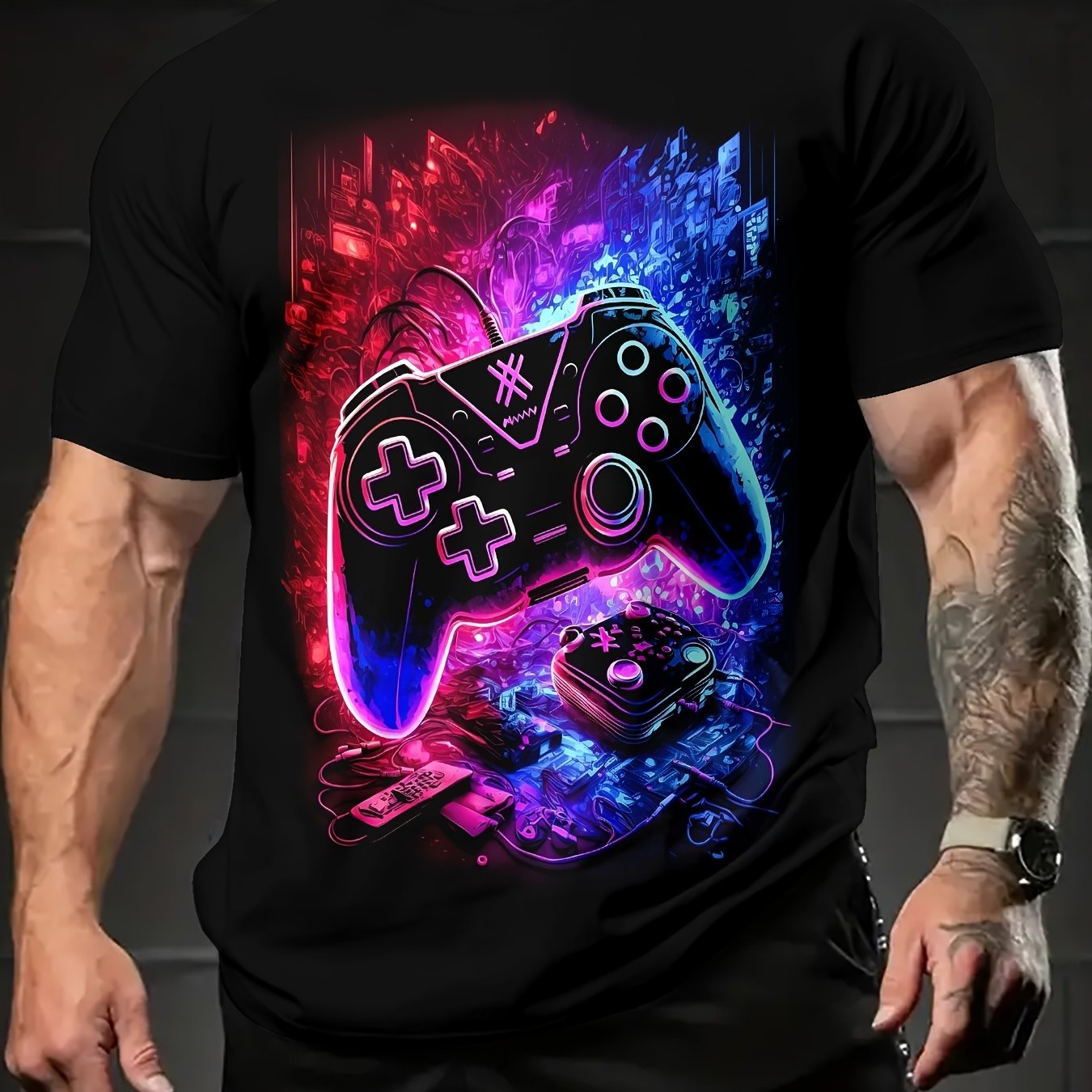 TEMU Men's Gamethemed Neon Controller Pattern Tshirt Breathable Knitted Fabric Summer Casual Short-sleeved Top Suitable For Weekend Travel Machine