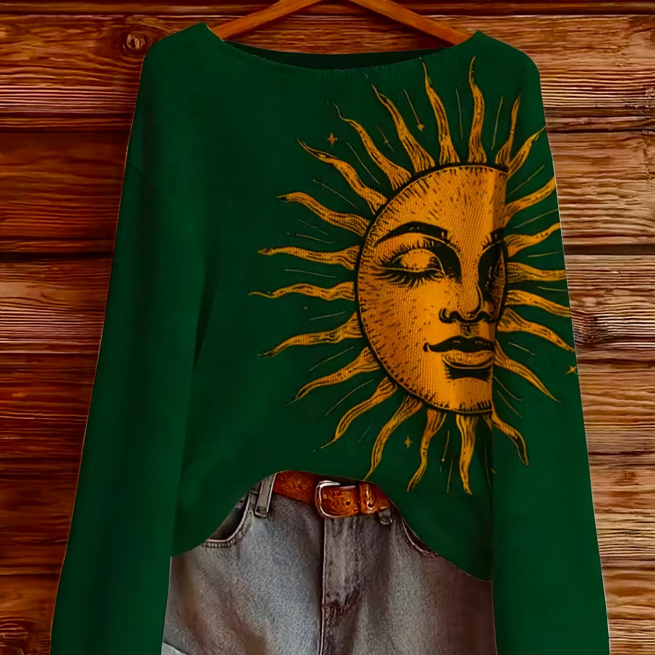 TEMU Autumn/winter Women's Dark Green Printed Pullover, Featuring A Boat Neck Design And A Vintage- Face Print. Combines Bohemian And Vintage Art ,