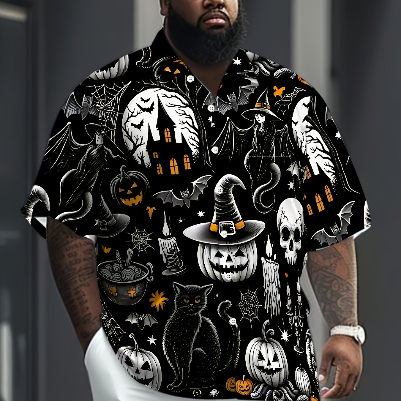 TEMU Plus-size Men's Halloween-themed Printed Short-sleeve Shirt, Featuring Witch Hats, Black Cats, Castles, Pumpkin Lanterns, Etc., Full Of