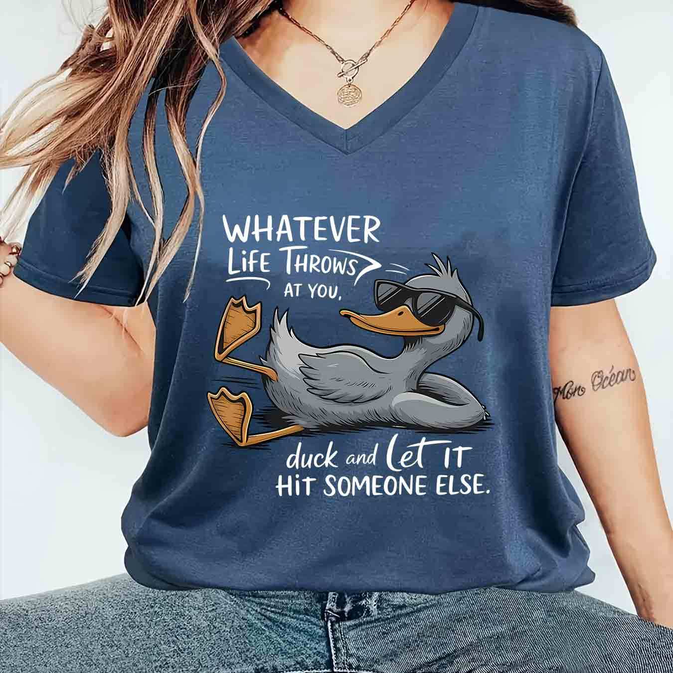 TEMU 1pc Stylish Women's V-neck Short-sleeve T-shirt Made Of, Featuring A Suitable For , With A Trendy And Cute Print Of A Lying With Glasses