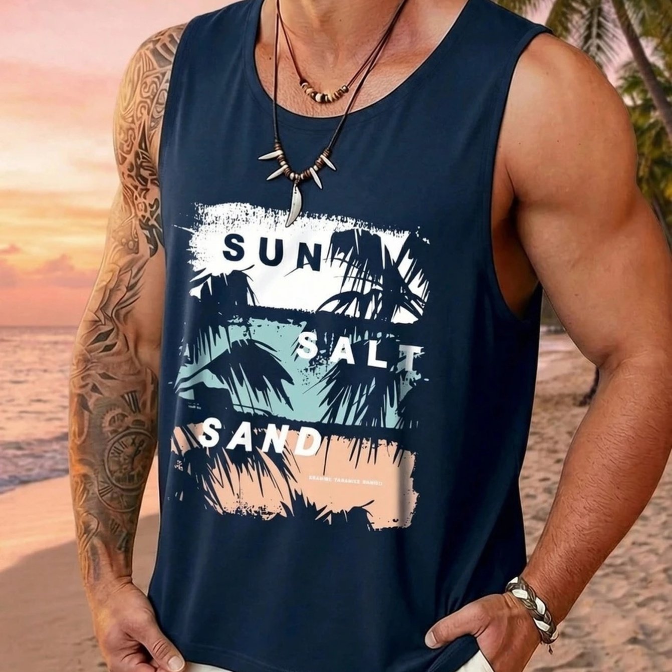 TEMU 1pc Men's Coconut Color Block Print Round Neck Casual Vest - No Texture