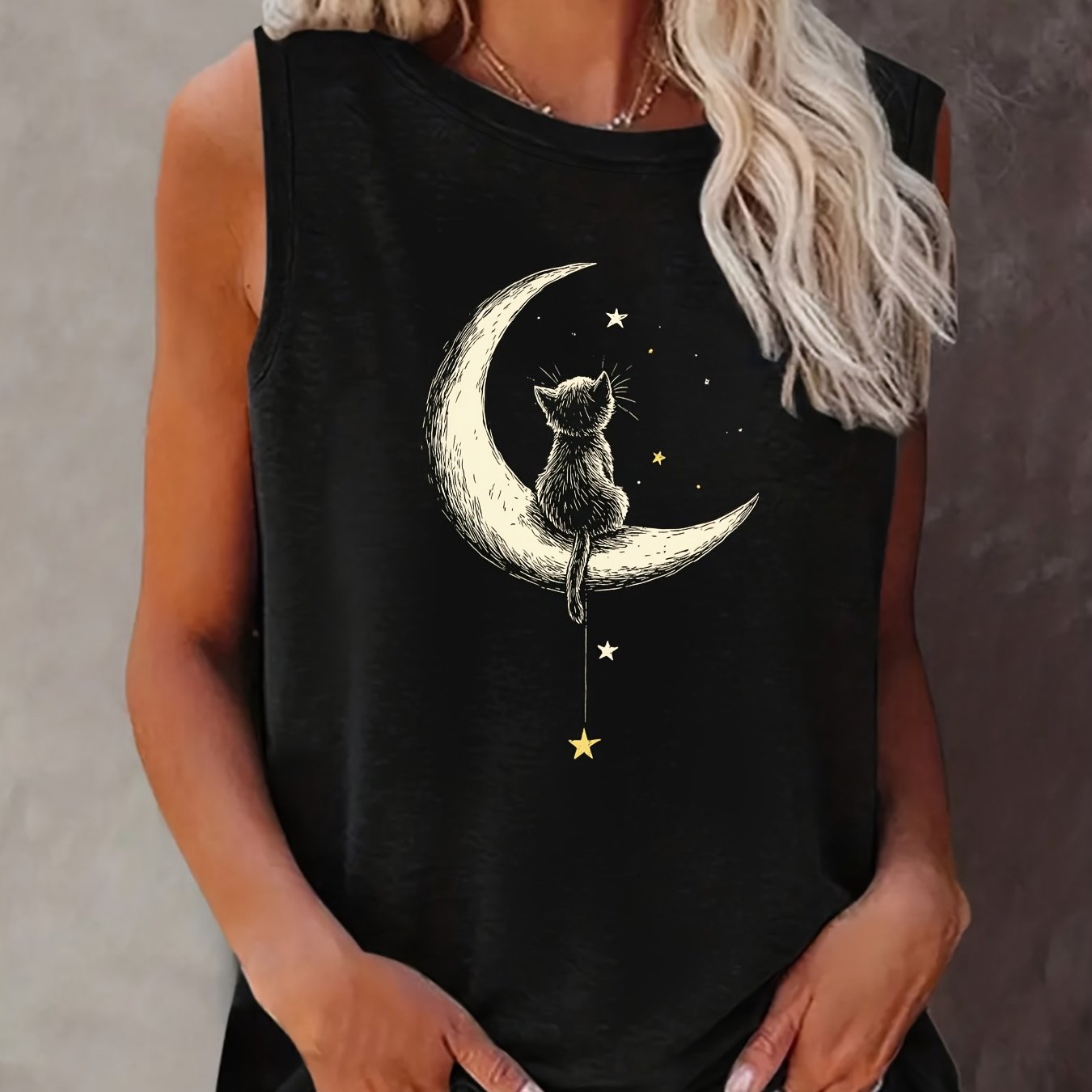 TEMU 2025 Sleeveless Comfortable Tank Top With A Moon Cat Pattern And Letter Print For Spring And Summer, Women's Clothing.