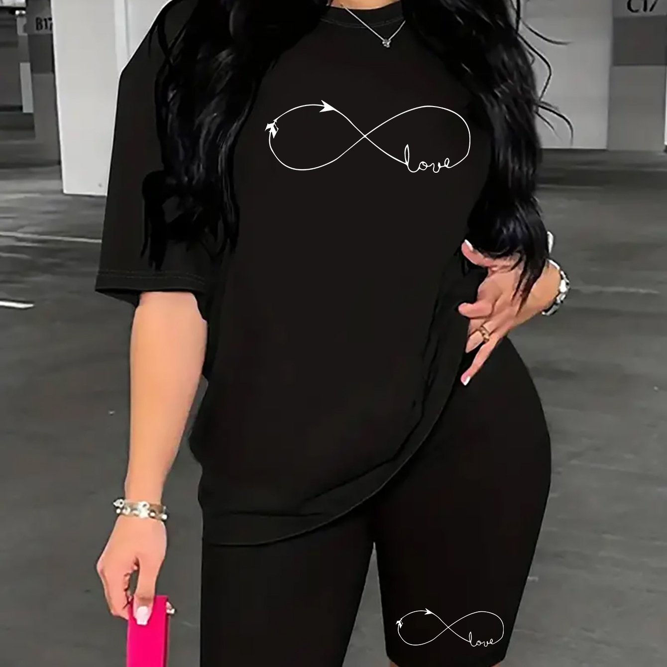 TEMU Women's Fashion Printed Two-piece Set, Short Sleeved T-shirt And Motorcycle Shorts Two-piece Set, Casual Sports Spring And Summer Clothing,