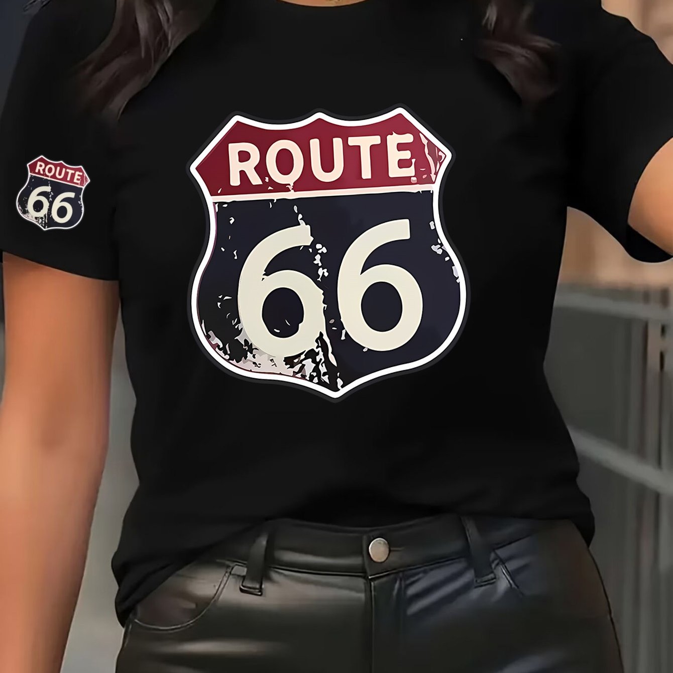 TEMU Women's Vintage Print T-shirt, Short Sleeve Crew Neck Tee, Retro Highway Sign Graphic Casual Top