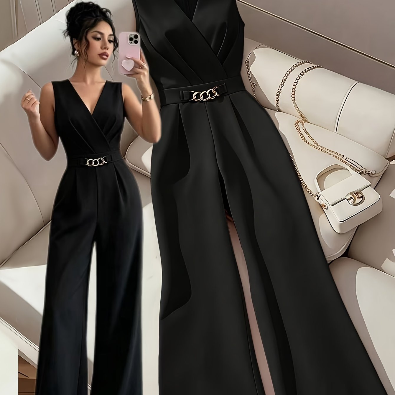 TEMU Women's Elegant V-neck Jumpsuit Straight Wide-leg Pants, Casual Elegant Trousers For Spring Summer, Daily Wear, Office, Professional, Afternoon