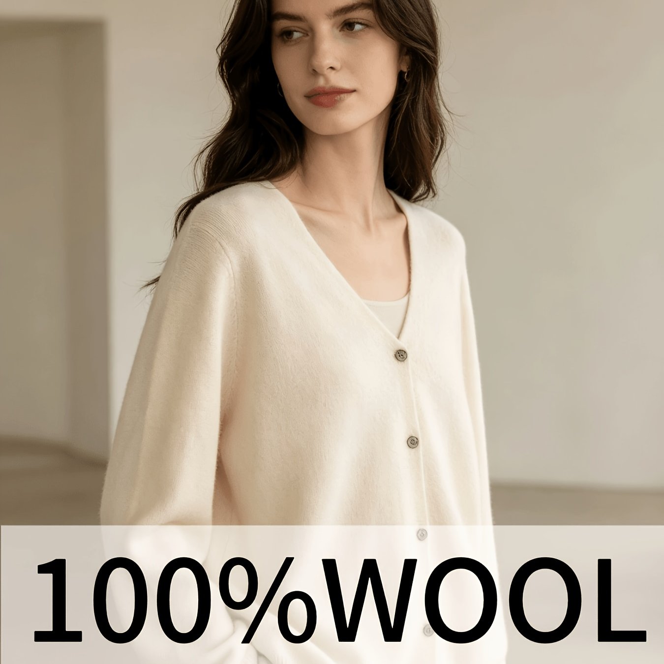 TEMU New Elegant Women's V Neck 100% Wool Solid Color Seamless Cardigan, Soft Warm Versatile Outerwear For Spring Autumn Winter Daily And Layering