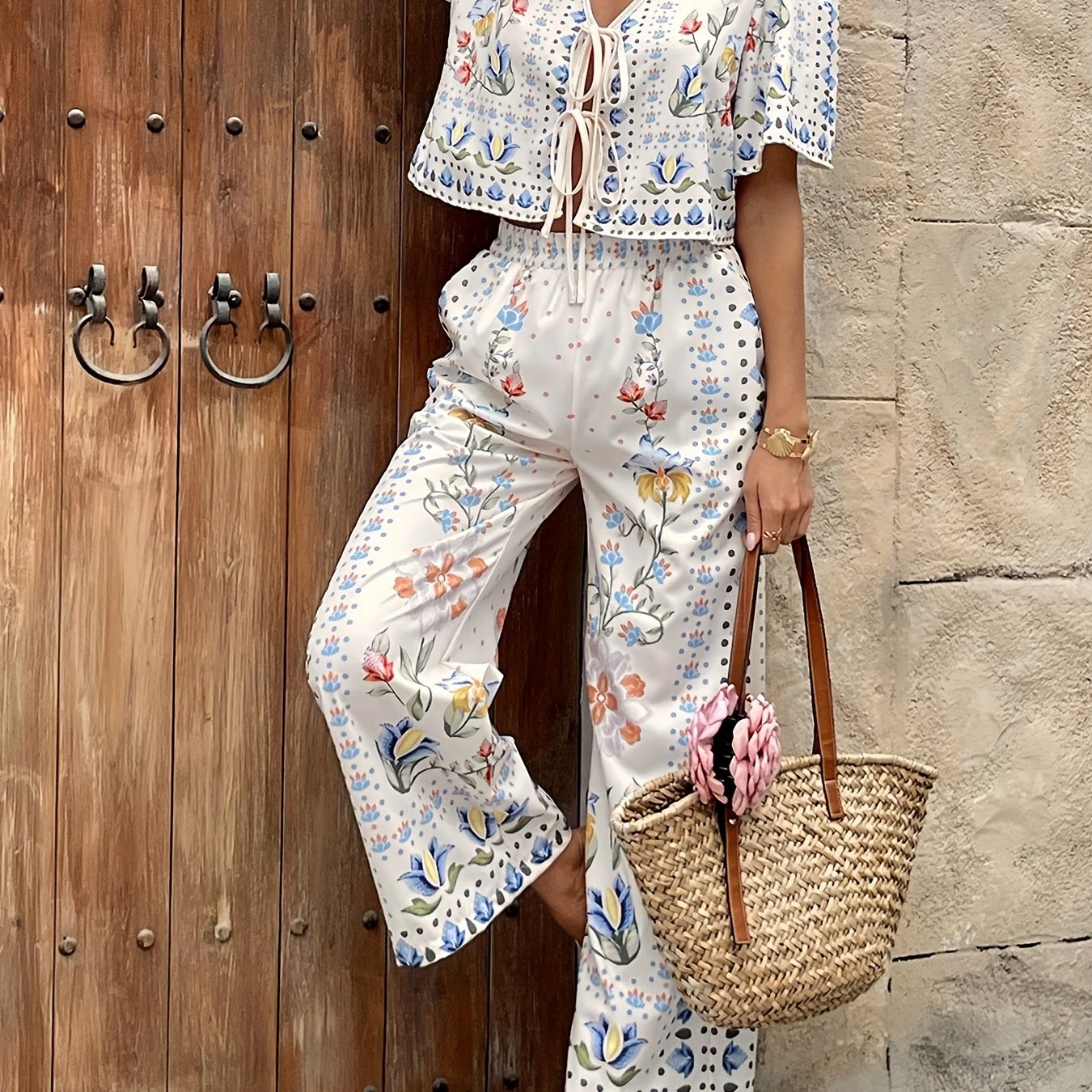 E-shop Lässiges Damen Urlaubs-Set mit bedrucktem Kurzarm-Top und weiten Hosen